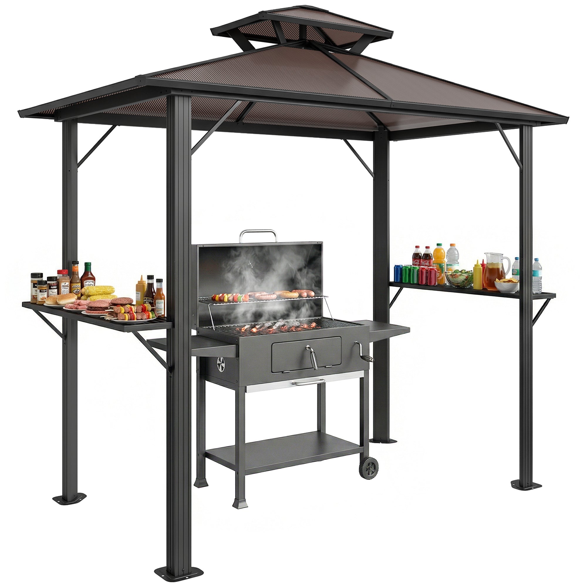 Grill Pavilion 2.5 x 1.5 m (approx. 8.2 x 4.9 ft) — Waterproof Double Polycarbonate Roof BBQ Canopy with Side Shelves, Aluminum Frame, UV-Resistant, Brown