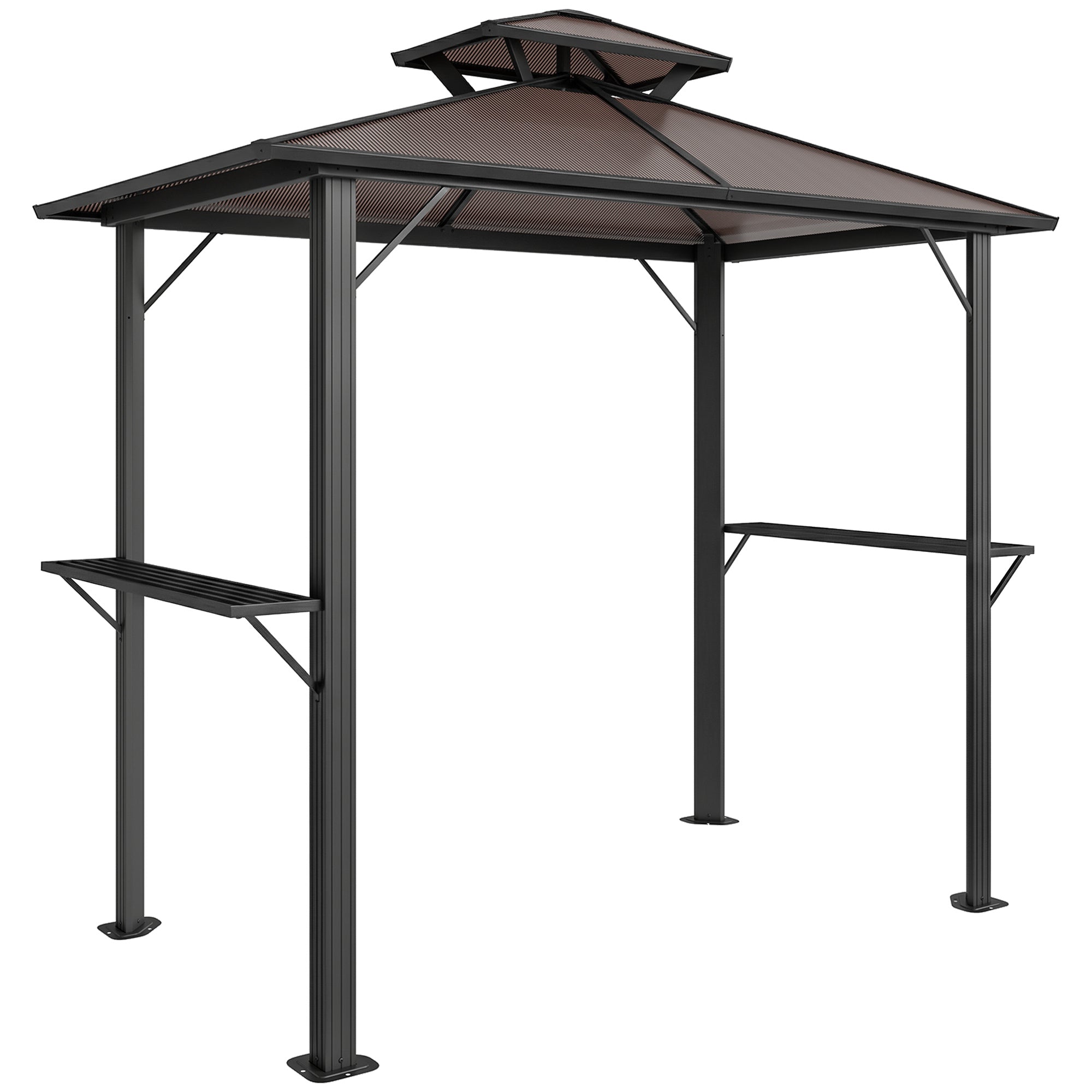 Grill Pavilion 2.5 x 1.5 m (approx. 8.2 x 4.9 ft) — Waterproof Double Polycarbonate Roof BBQ Canopy with Side Shelves, Aluminum Frame, UV-Resistant, Brown