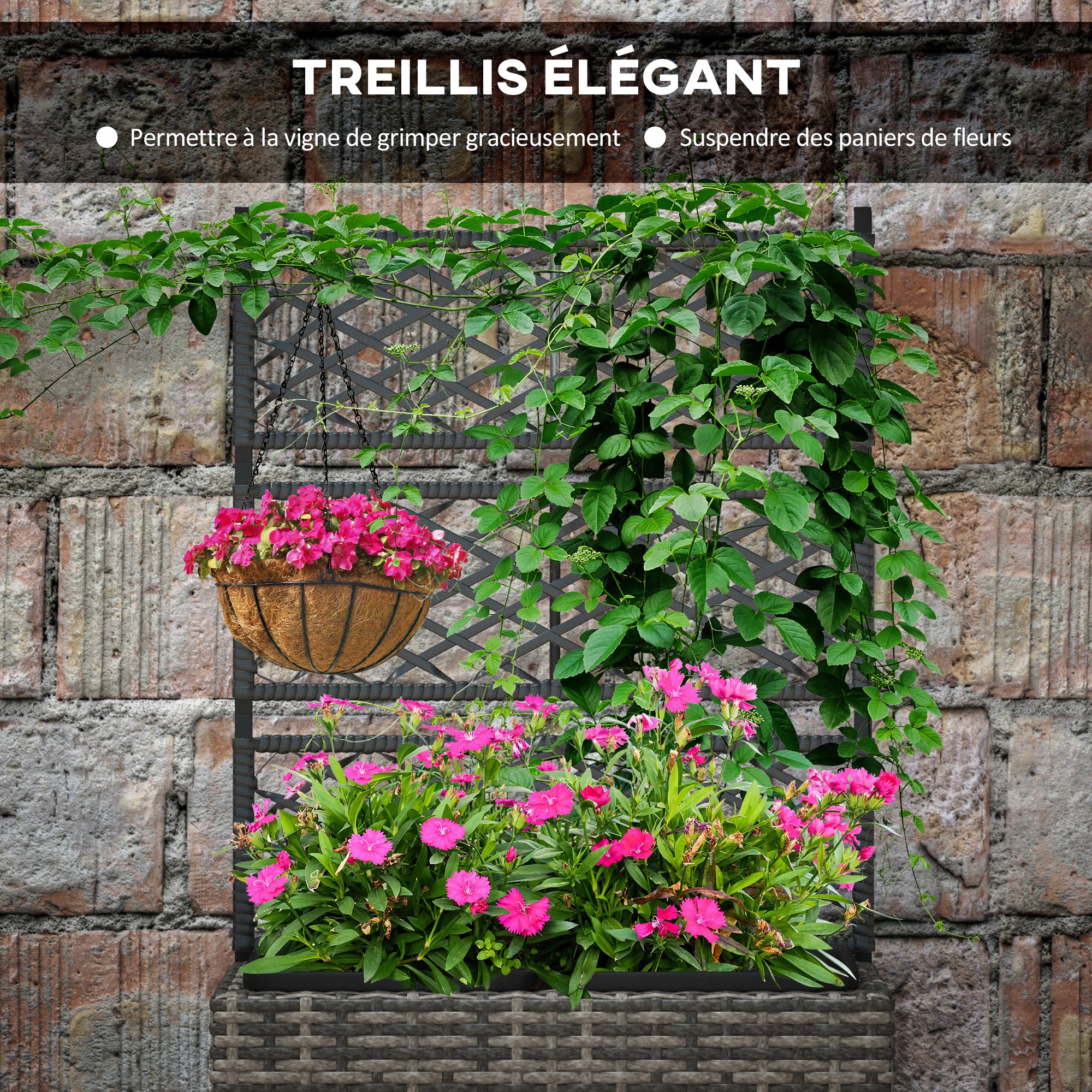 Planter for plants with trellis 2 pots plant box planter 22L garden balcony patio terrace outdoor in woven resin and steel 57 x 30 x 107 cm grey