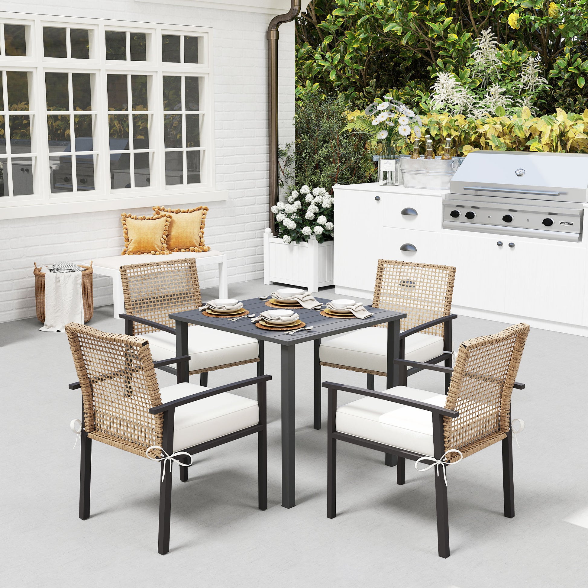Rattan Dining Group, 5-piece Garden Furniture Set, Balcony Set for 4 Persons, Balcony Furniture with 1 Table, 4 Chairs, Garden Set Including Cushions, for Garden, Terrace, Natural