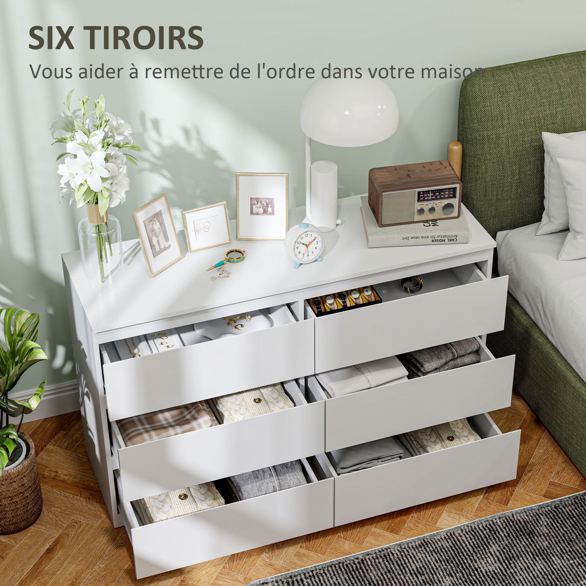 6-Drawer Chest Storage Cabinet Modern Style with Soft Close Mechanism for Bedroom, Living Room - 120 x 39 x 75 cm, White