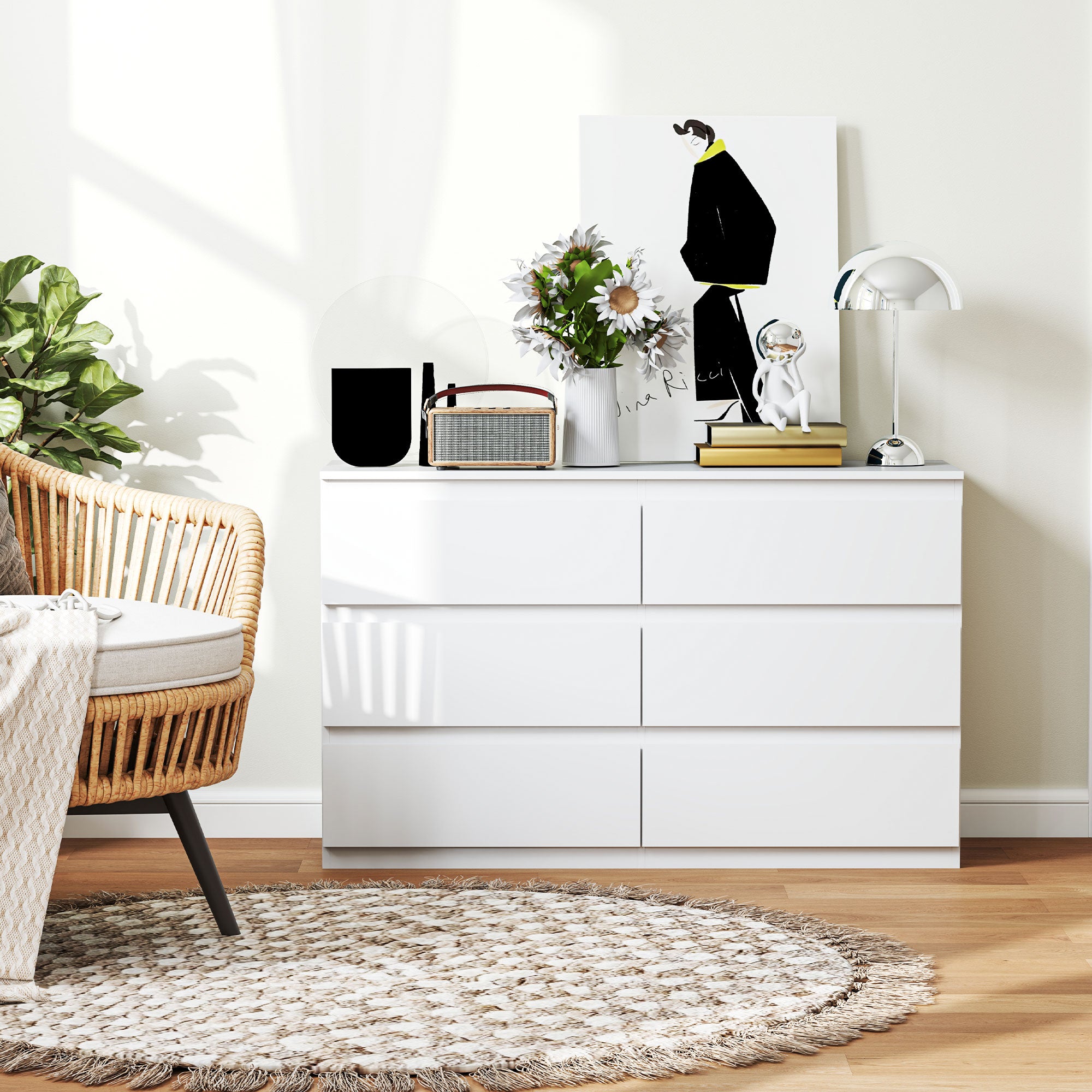 6-Drawer Chest Storage Cabinet Modern Style with Soft Close Mechanism for Bedroom, Living Room - 120 x 39 x 75 cm, White
