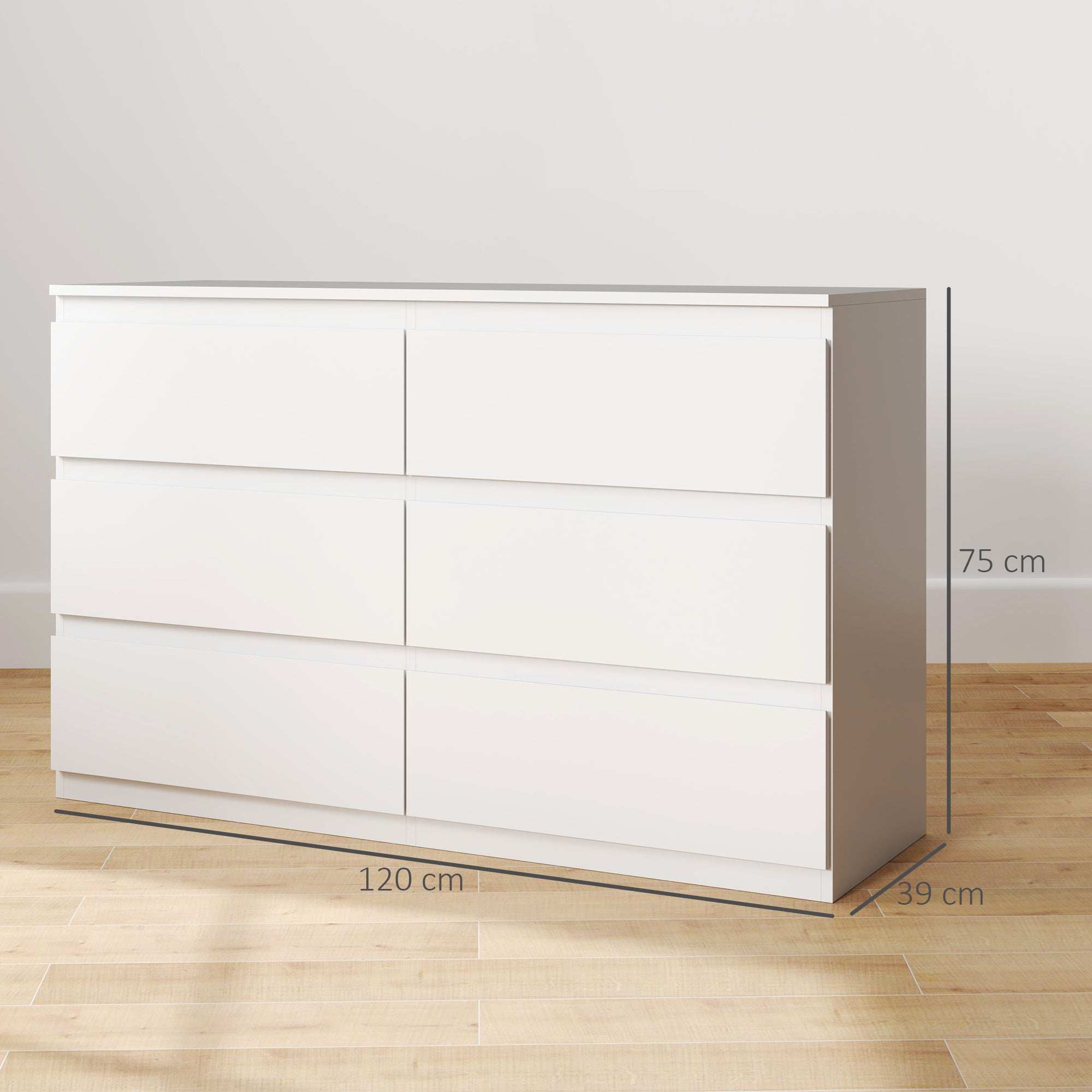 6-Drawer Chest Storage Cabinet Modern Style with Soft Close Mechanism for Bedroom, Living Room - 120 x 39 x 75 cm, White