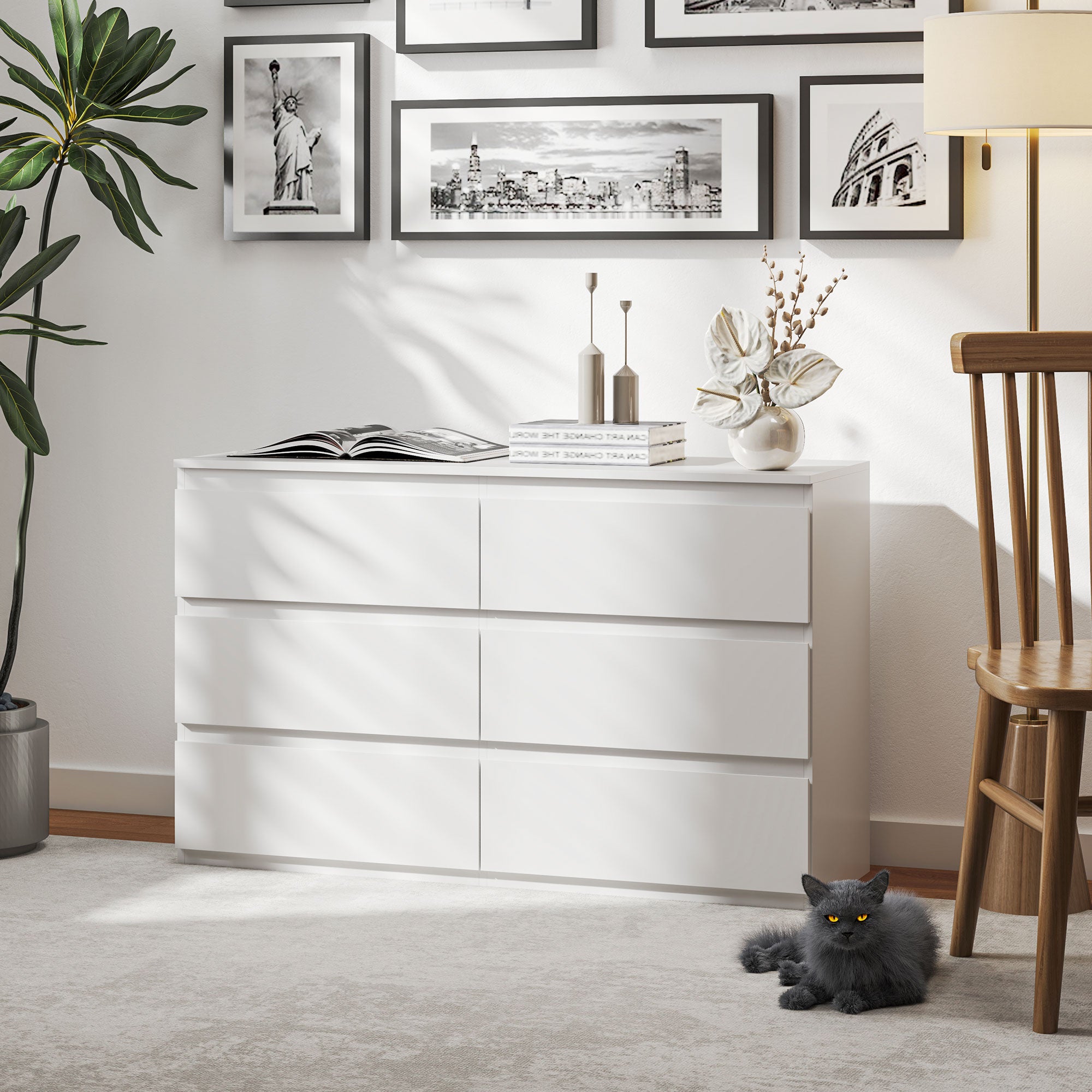 6-Drawer Chest Storage Cabinet Modern Style with Soft Close Mechanism for Bedroom, Living Room - 120 x 39 x 75 cm, White