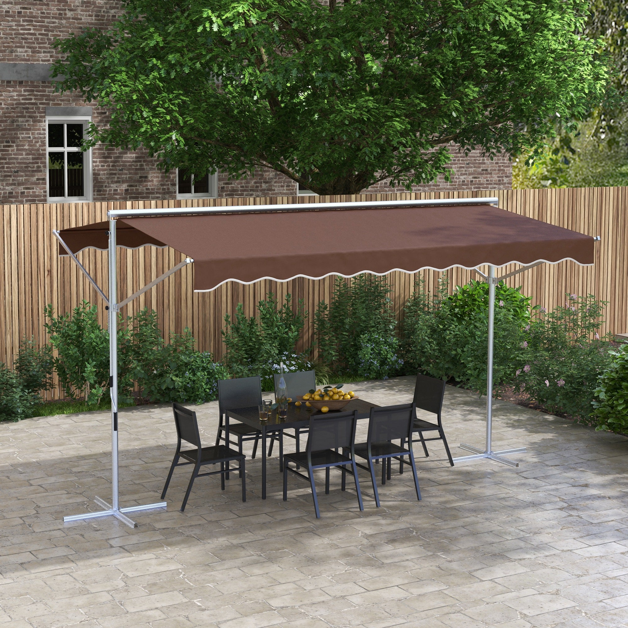 Freestanding Awning 4x3 m Garden Awning with Folding Arm Crank Sun Protection Terrace Cover for Outdoor Garden Terrace Coffee