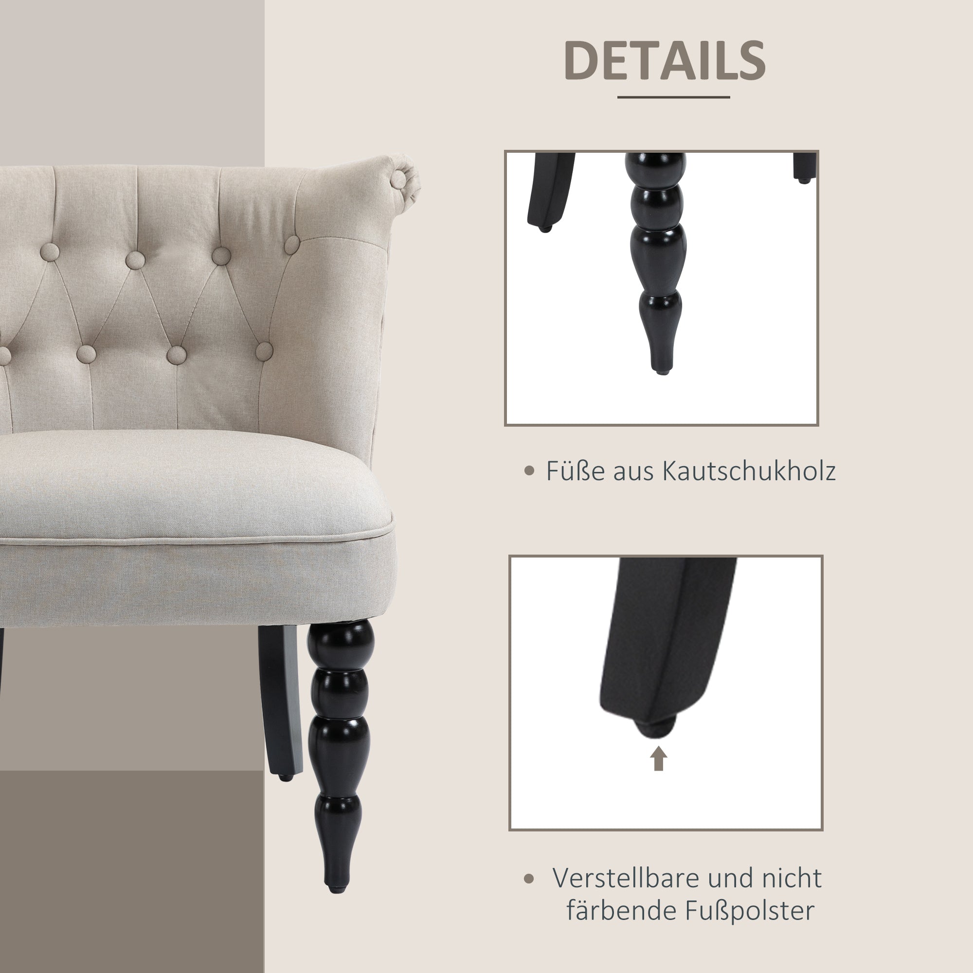 Vintage Relax Chair Lounge Chair Upholstered Chair Dining Chair Linen Cover Wooden Frame Beige+Black 67 x 67 x 78 cm