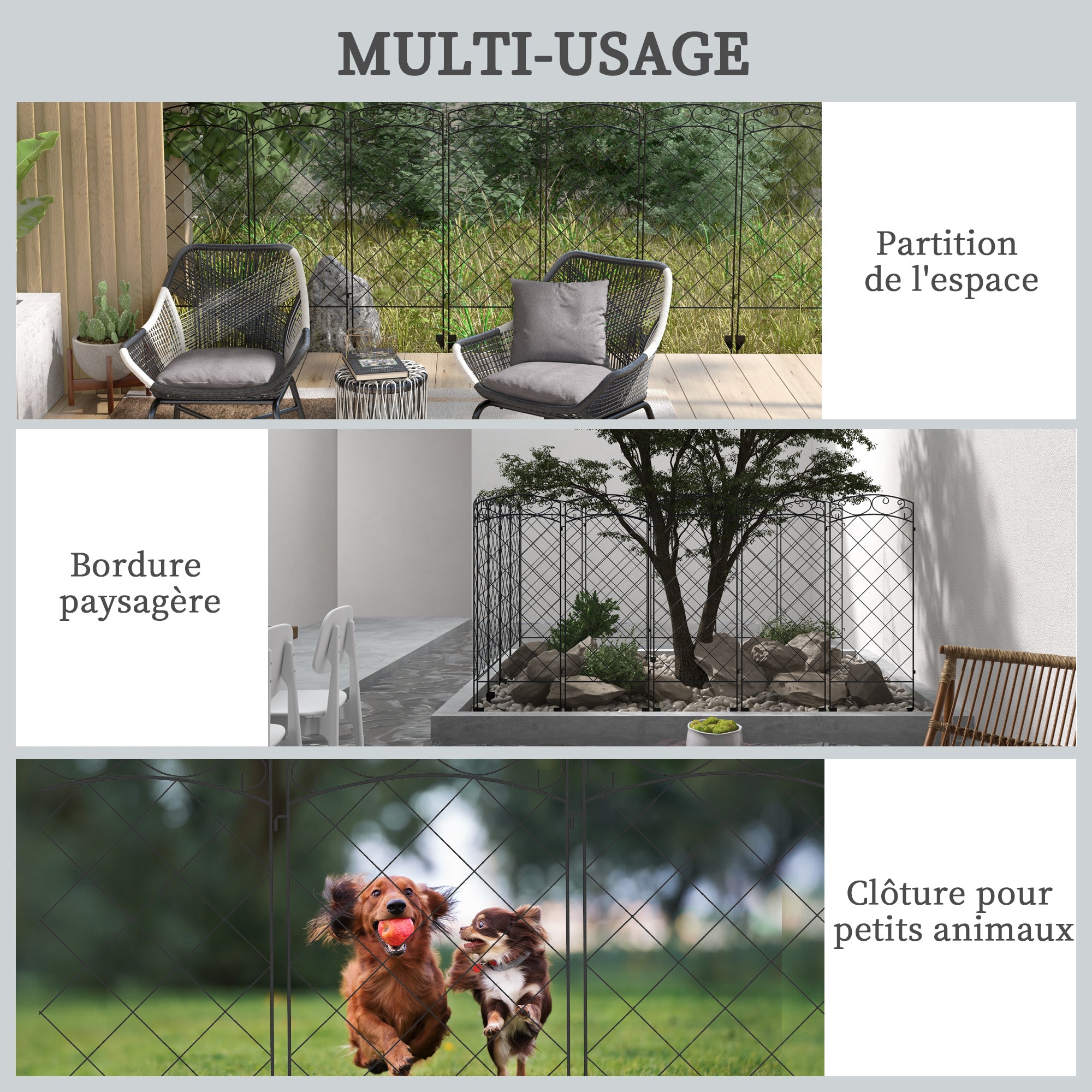 Set of 7 Decorative Metal Garden Fences with Decorations - 344L x 110H cm Black