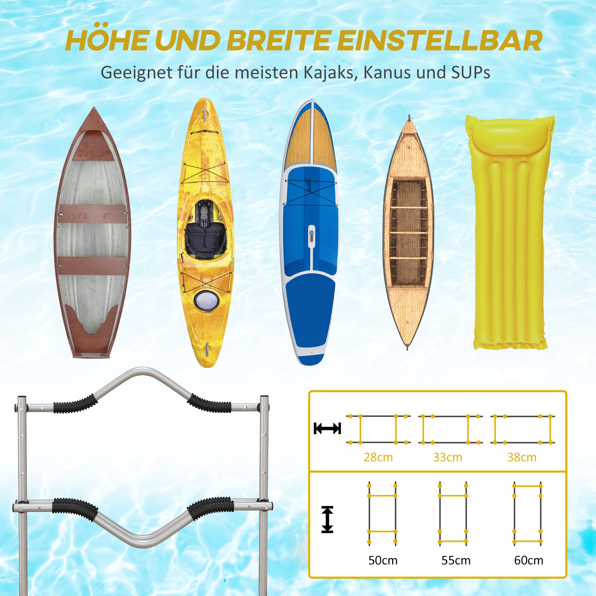 SPORTNOW Kayak Cart Adjustable Canoe Trolley Surf Trolley Boat Trailer with Straps for Canoe, Surfboard, Paddleboards, Aluminum, Yellow