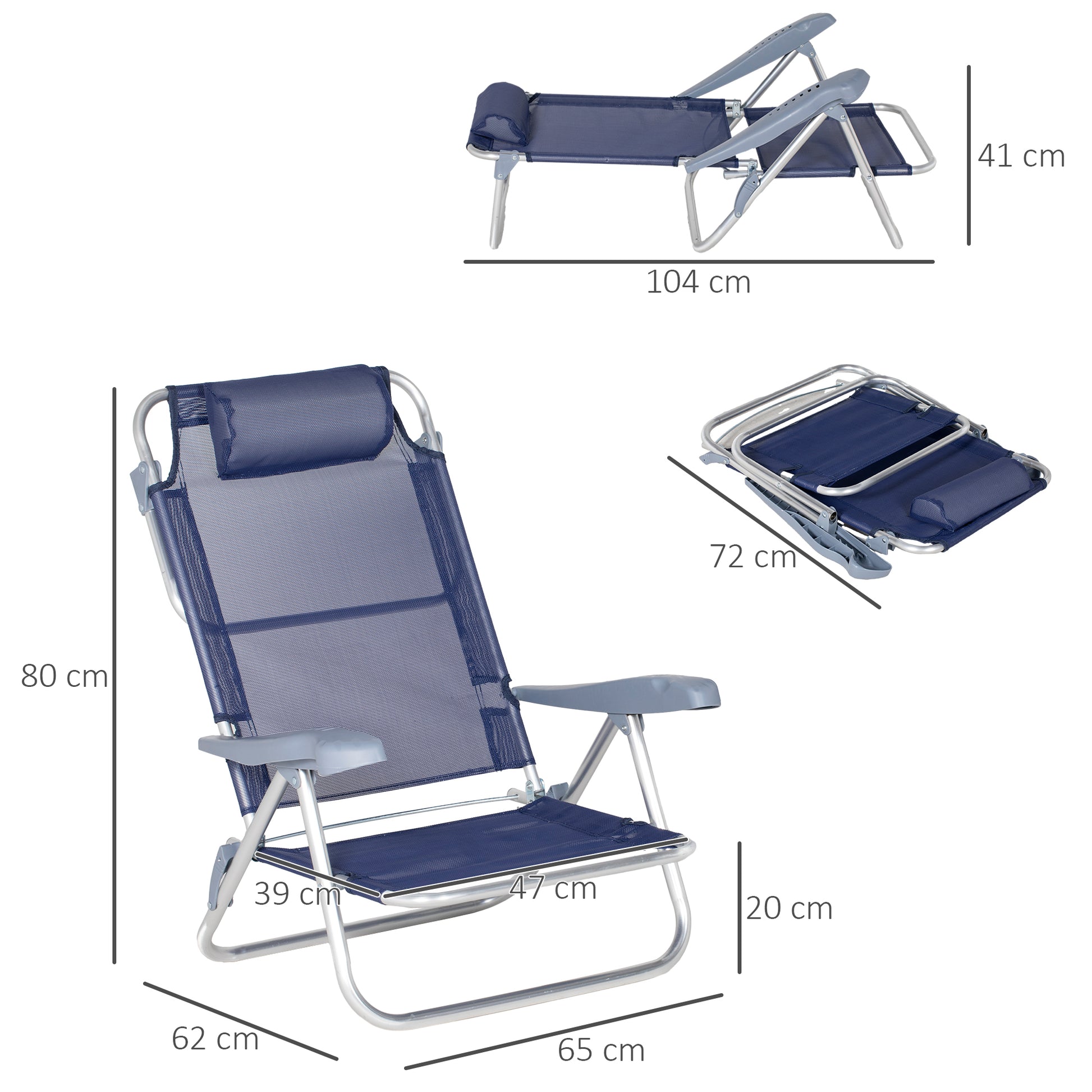 Set of 2 Folding Camping Chairs with Padded Headrest, Fishing Chair with 6-Level Adjustable Backrest in Aluminum and Foam, 62x65x80 cm, Blue
