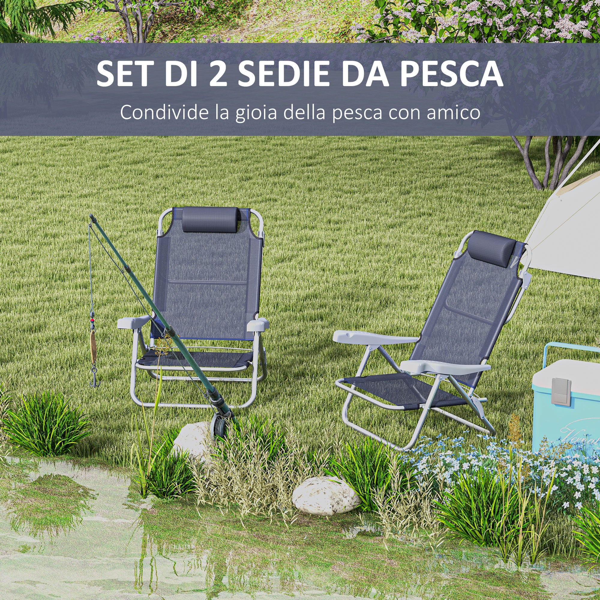 Set of 2 Folding Camping Chairs with Padded Headrest, Fishing Chair with 6-Level Adjustable Backrest in Aluminum and Foam, 62x65x80 cm, Blue