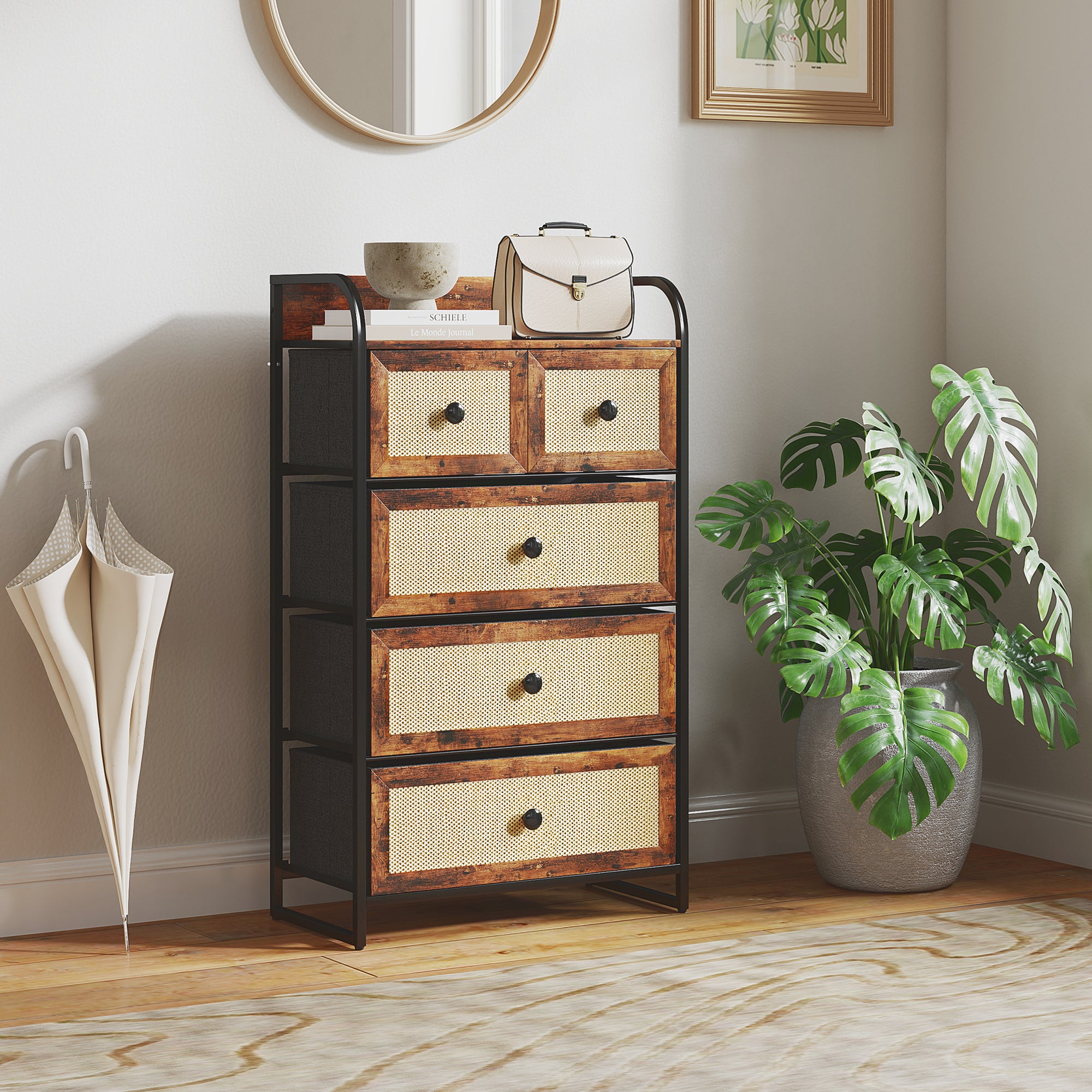 Fabric Chest of Drawers with 5 Foldable Fabric Drawers with Rattan Fronts and Steel Frame Chest of Drawers for Bedroom Living Room Rustic Brown