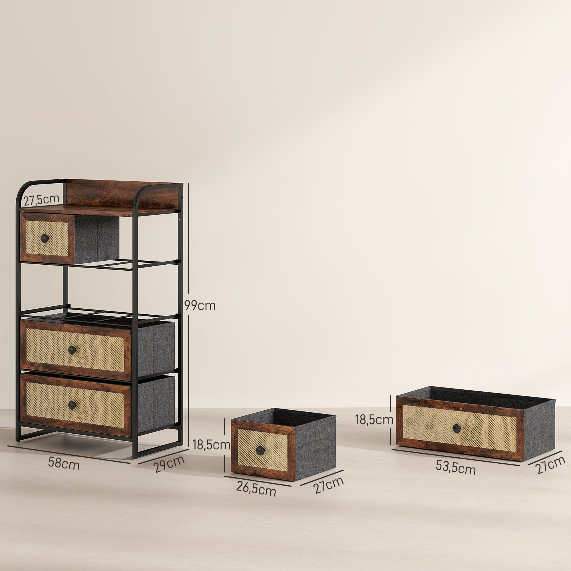 Fabric Chest of Drawers with 5 Foldable Fabric Drawers with Rattan Fronts and Steel Frame Chest of Drawers for Bedroom Living Room Rustic Brown