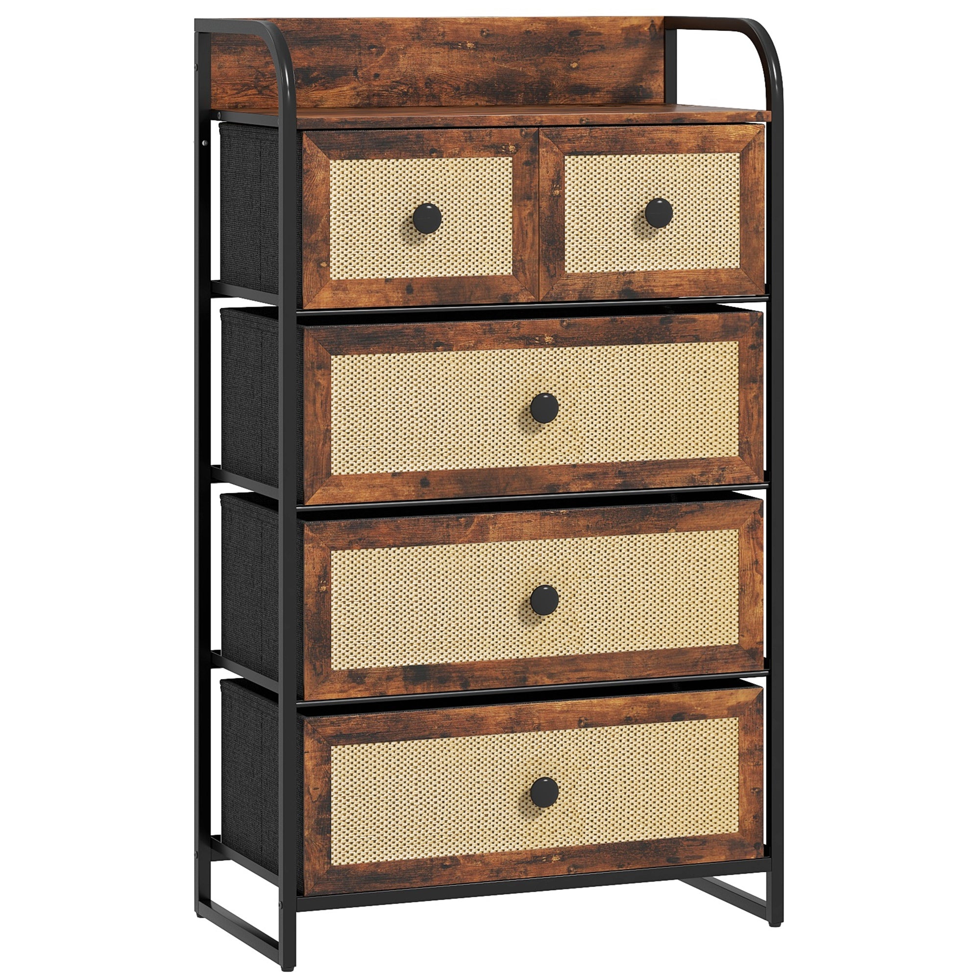 Fabric Chest of Drawers with 5 Foldable Fabric Drawers with Rattan Fronts and Steel Frame Chest of Drawers for Bedroom Living Room Rustic Brown
