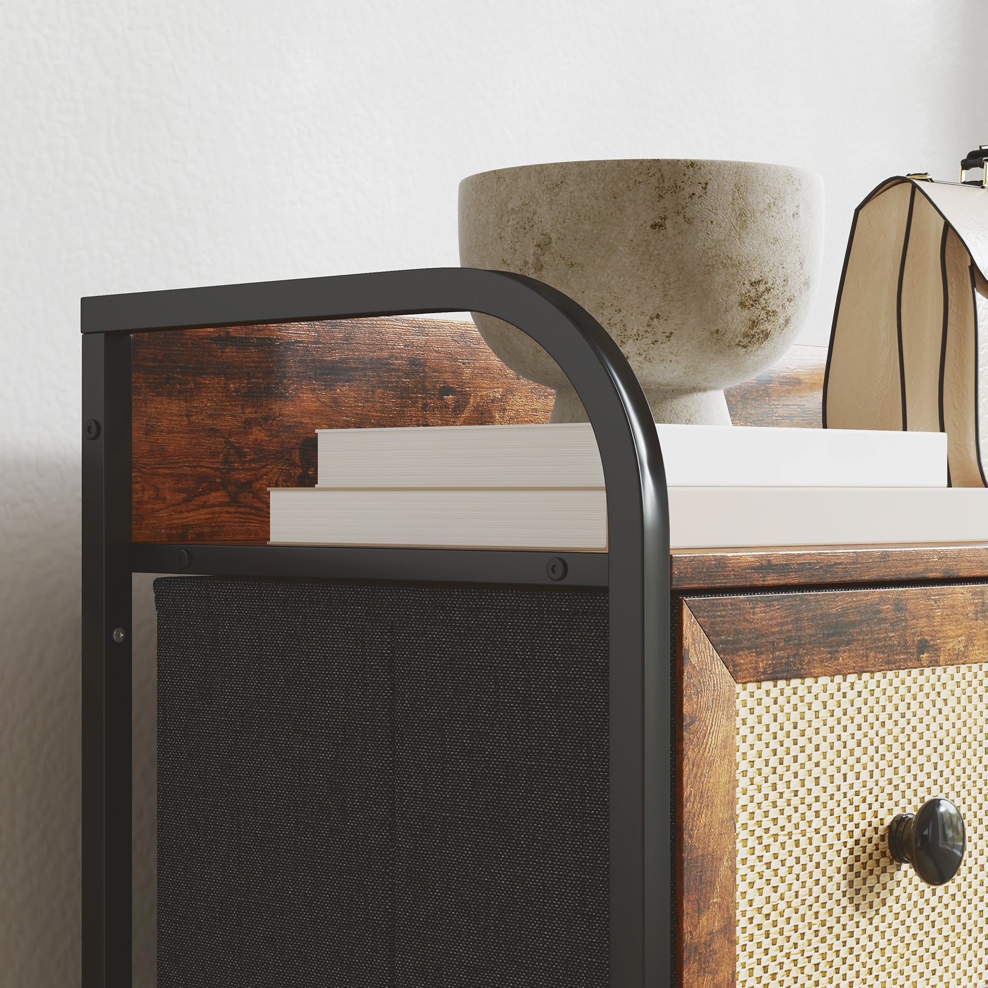 Fabric Chest of Drawers with 5 Foldable Fabric Drawers with Rattan Fronts and Steel Frame Chest of Drawers for Bedroom Living Room Rustic Brown