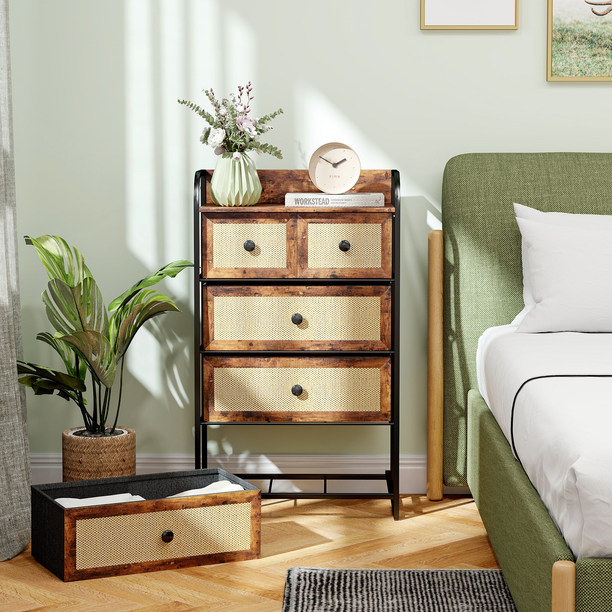 Fabric Chest of Drawers with 5 Foldable Fabric Drawers with Rattan Fronts and Steel Frame Chest of Drawers for Bedroom Living Room Rustic Brown