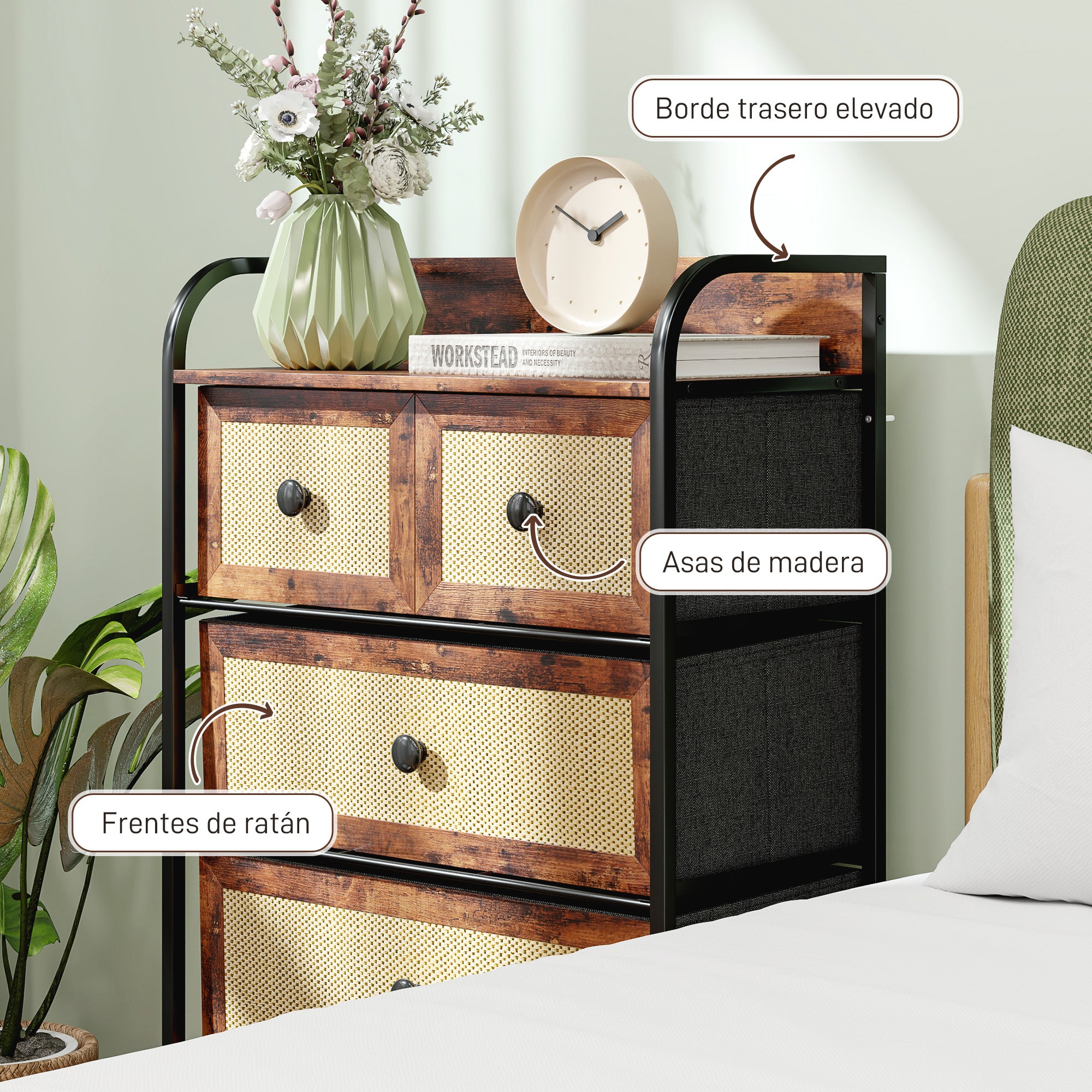 Fabric Chest of Drawers with 5 Foldable Fabric Drawers with Rattan Fronts and Steel Frame Chest of Drawers for Bedroom Living Room Rustic Brown