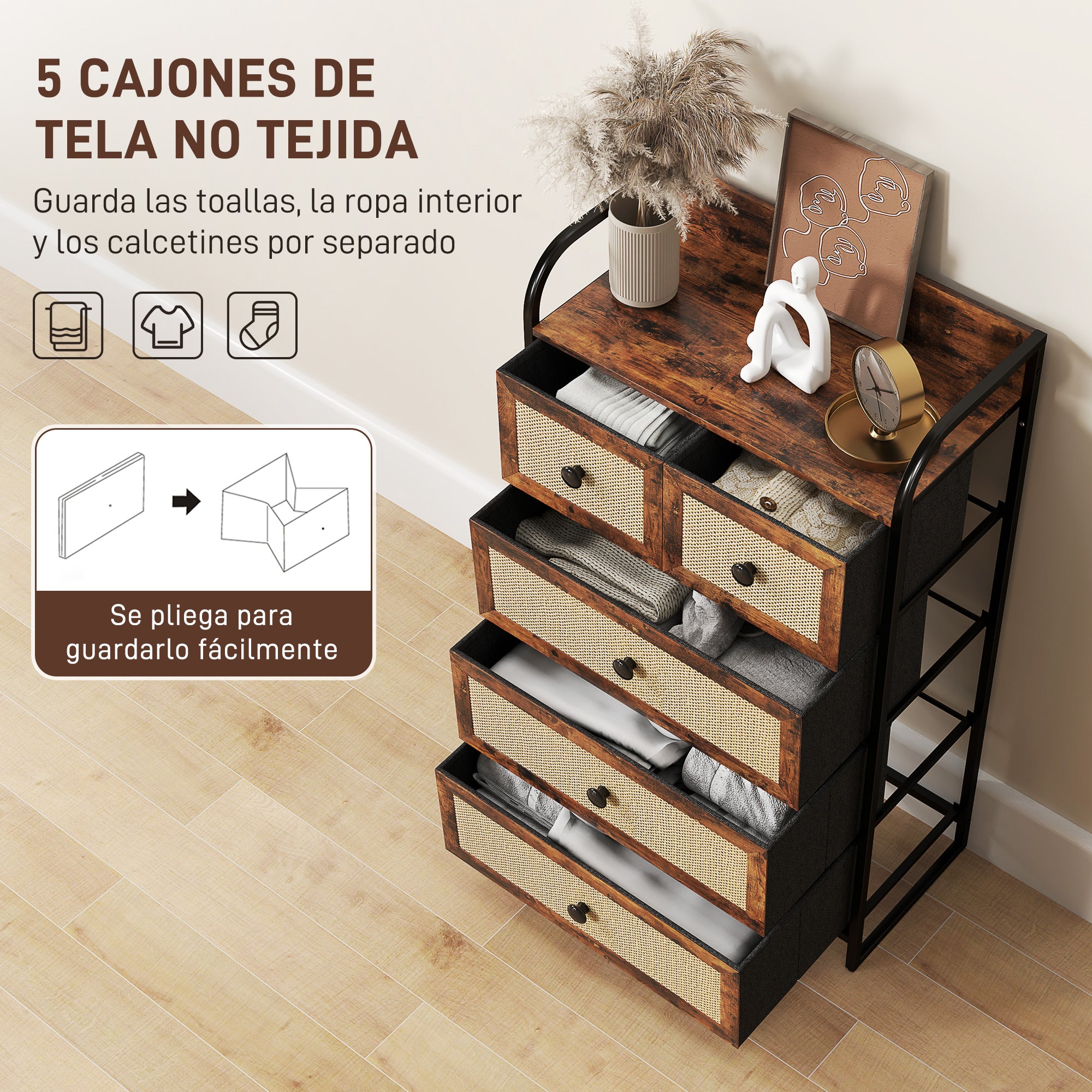 Fabric Chest of Drawers with 5 Foldable Fabric Drawers with Rattan Fronts and Steel Frame Chest of Drawers for Bedroom Living Room Rustic Brown