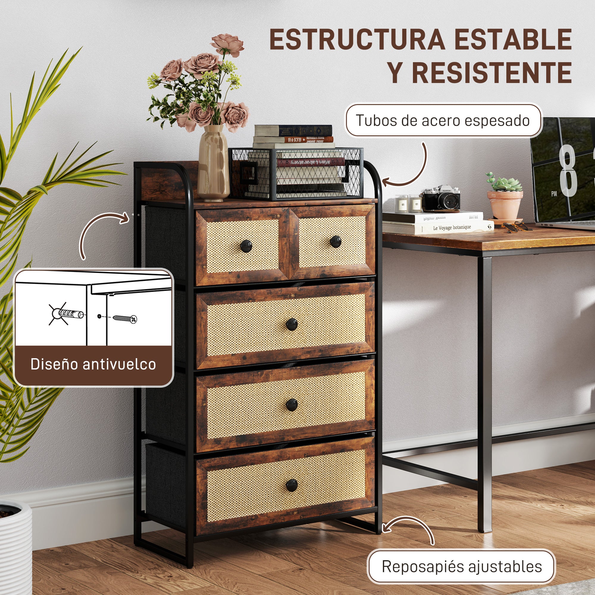 Fabric Chest of Drawers with 5 Foldable Fabric Drawers with Rattan Fronts and Steel Frame Chest of Drawers for Bedroom Living Room Rustic Brown