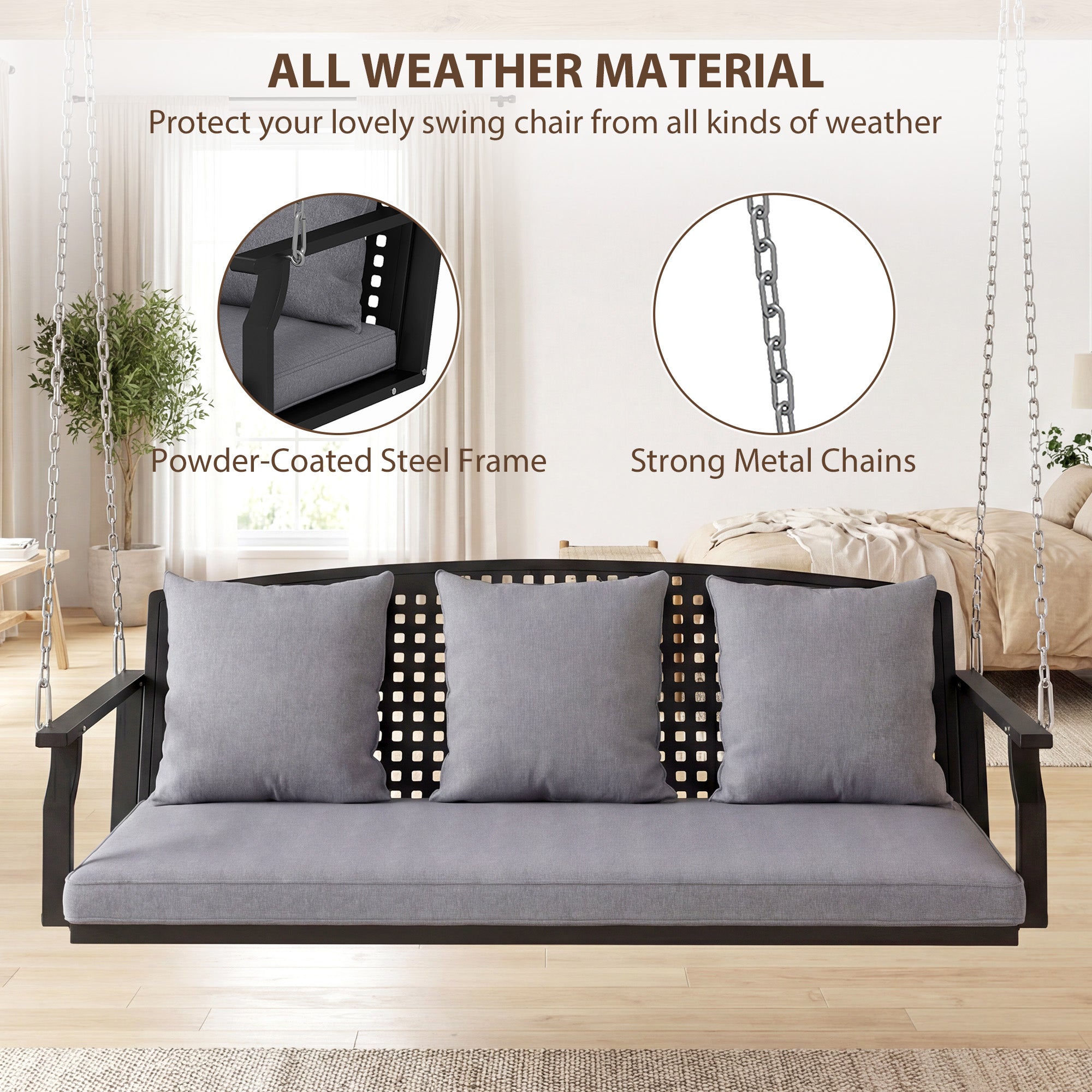 3-Seater Hanging Bench – Steel Porch Swing with 3 Back Cushions, Weather-Resistant, Holds up to 794 lb, Gray (60.6 x 26.0 x 20.1 in)