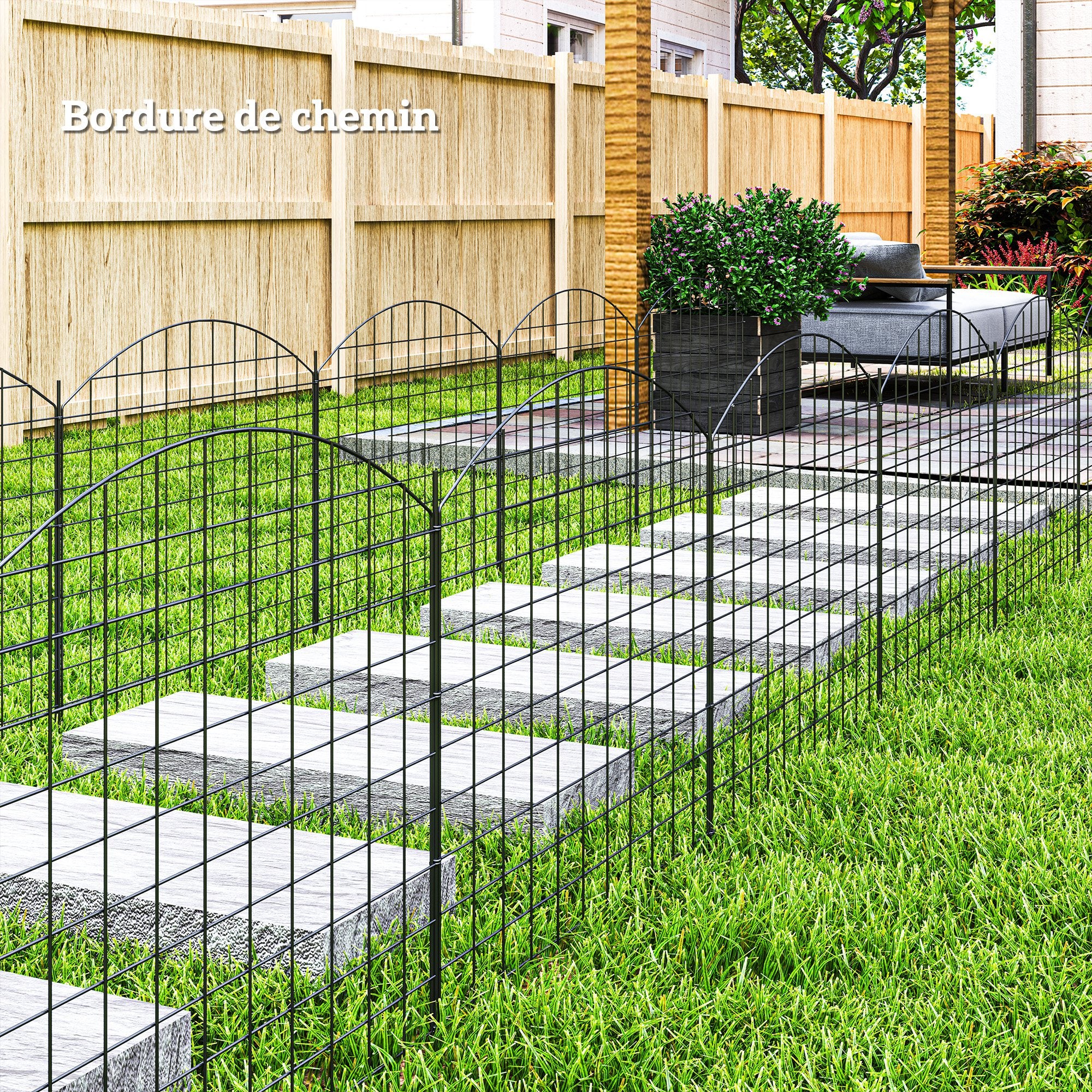 Metal Garden Fence, Decorative Fence Set of 6, 460 x 97 cm, Vegetable Fence, Path Edging, Garden Edging, Black