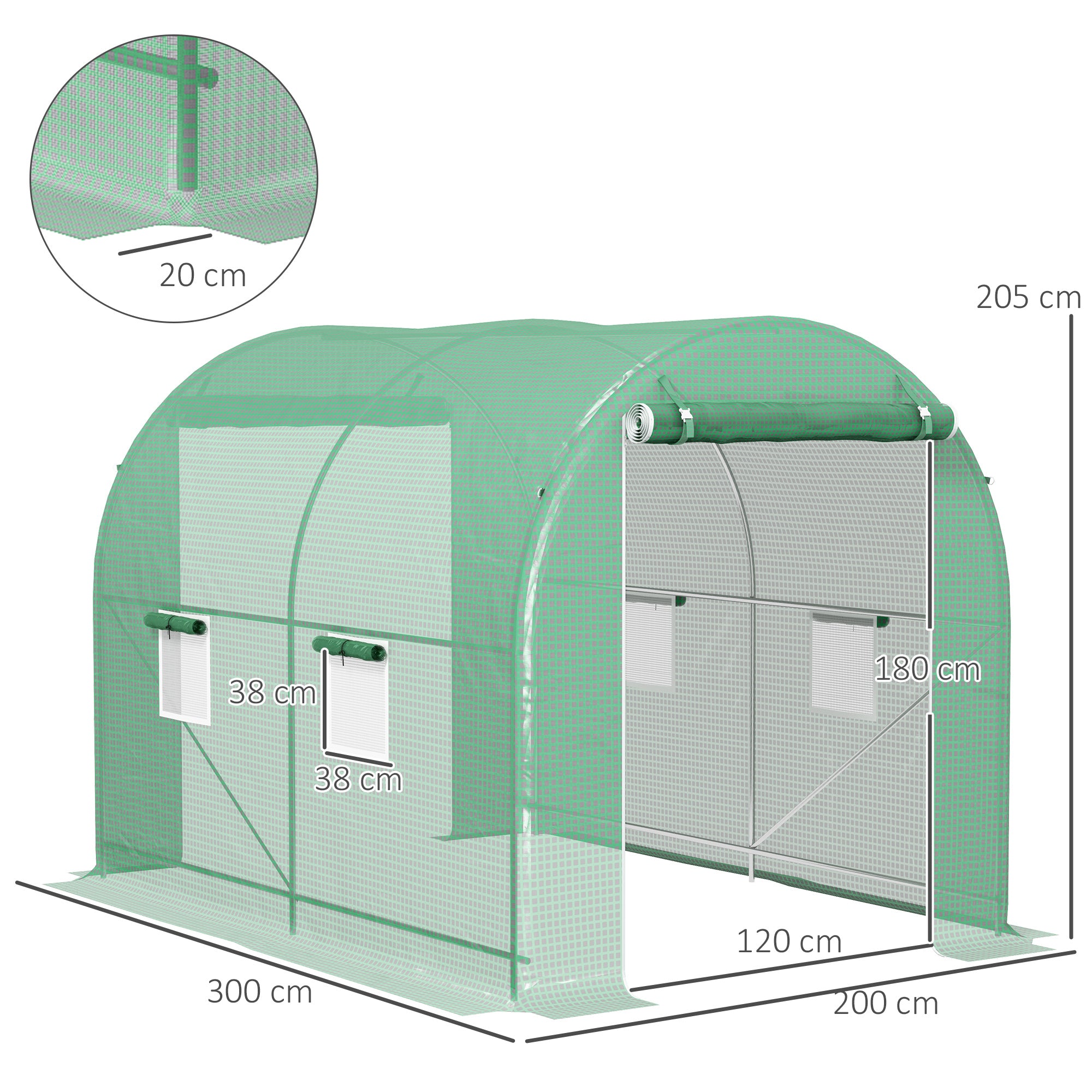 Garden Tunnel Greenhouse Ground Surface 6 m² 3L x 2W x 2.10H m Reinforced Tubular Frame Double Zippered Door 4 Roll-Up Windows Green