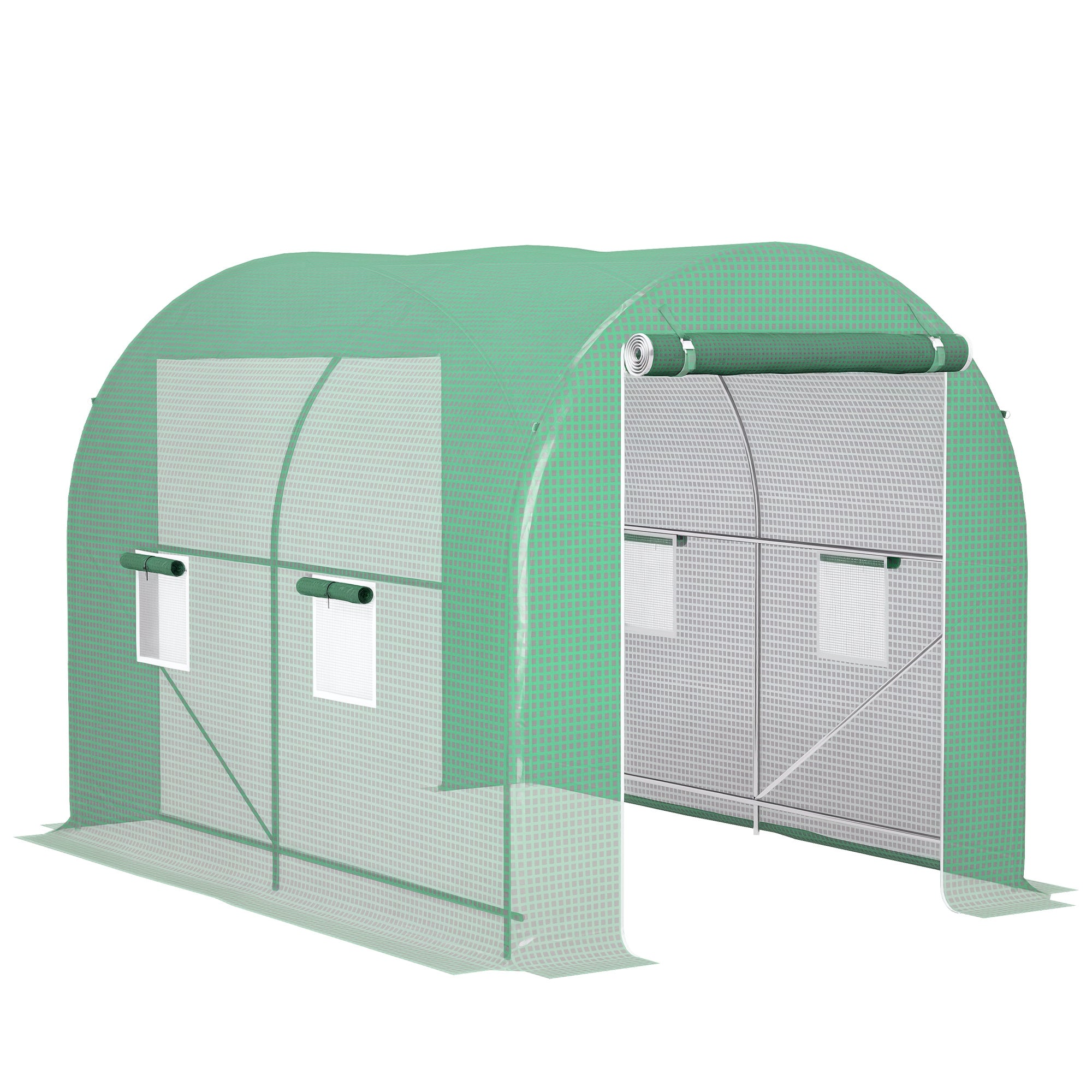 Garden Tunnel Greenhouse Ground Surface 6 m² 3L x 2W x 2.10H m Reinforced Tubular Frame Double Zippered Door 4 Roll-Up Windows Green