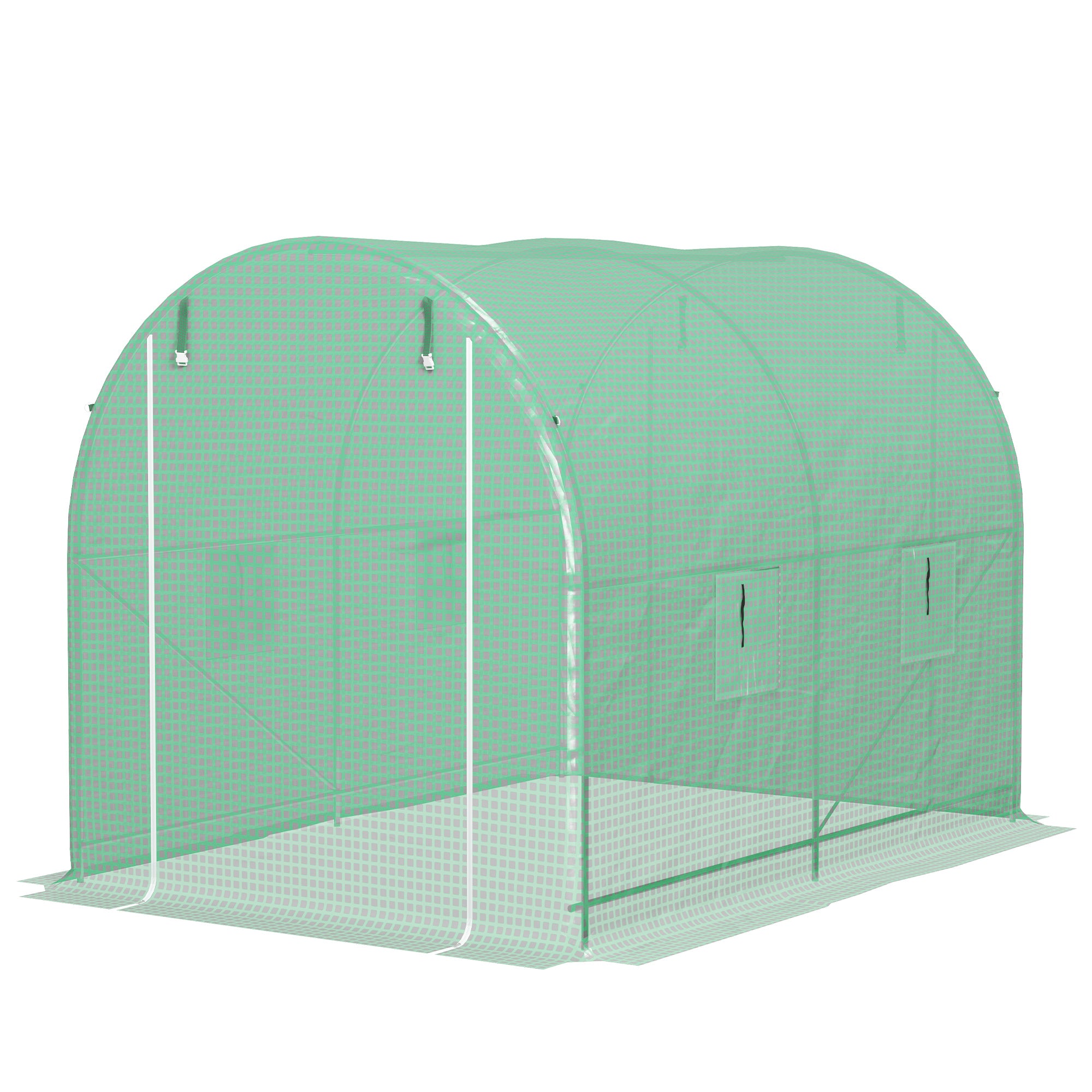 Garden Tunnel Greenhouse Ground Surface 6 m² 3L x 2W x 2.10H m Reinforced Tubular Frame Double Zippered Door 4 Roll-Up Windows Green