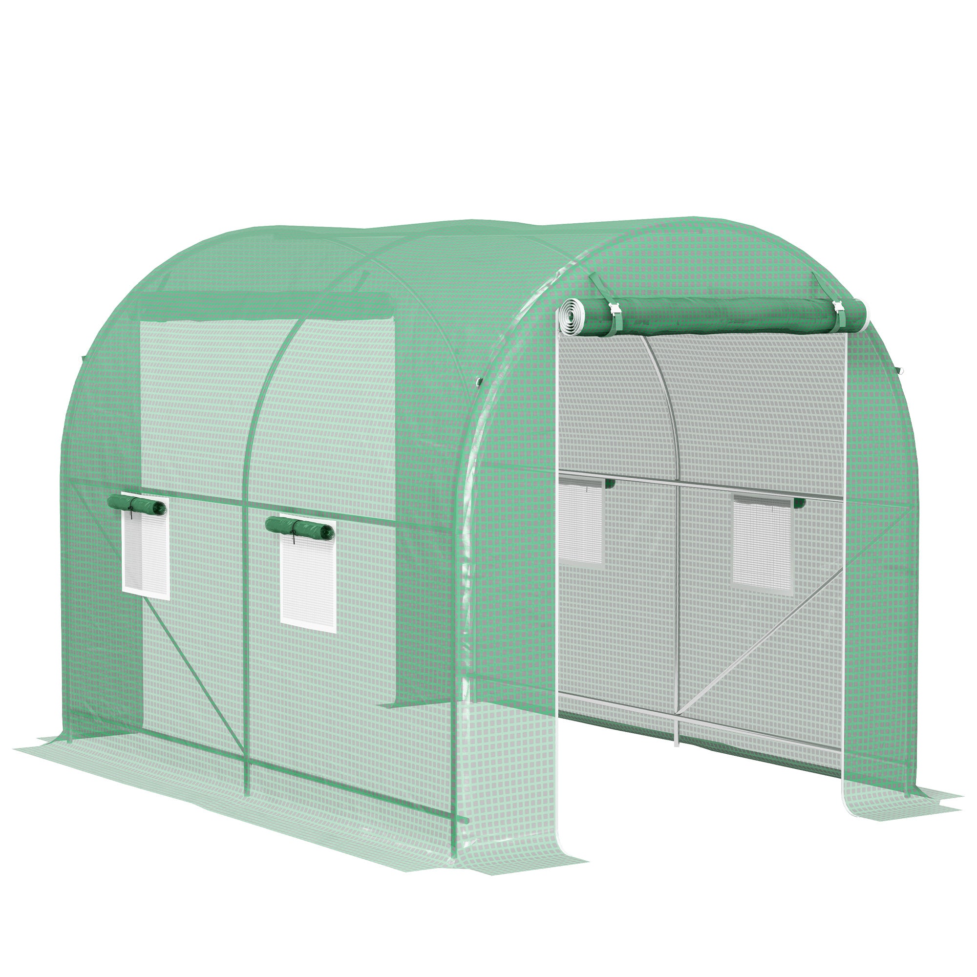 Garden Tunnel Greenhouse Ground Surface 6 m² 3L x 2W x 2.10H m Reinforced Tubular Frame Double Zippered Door 4 Roll-Up Windows Green
