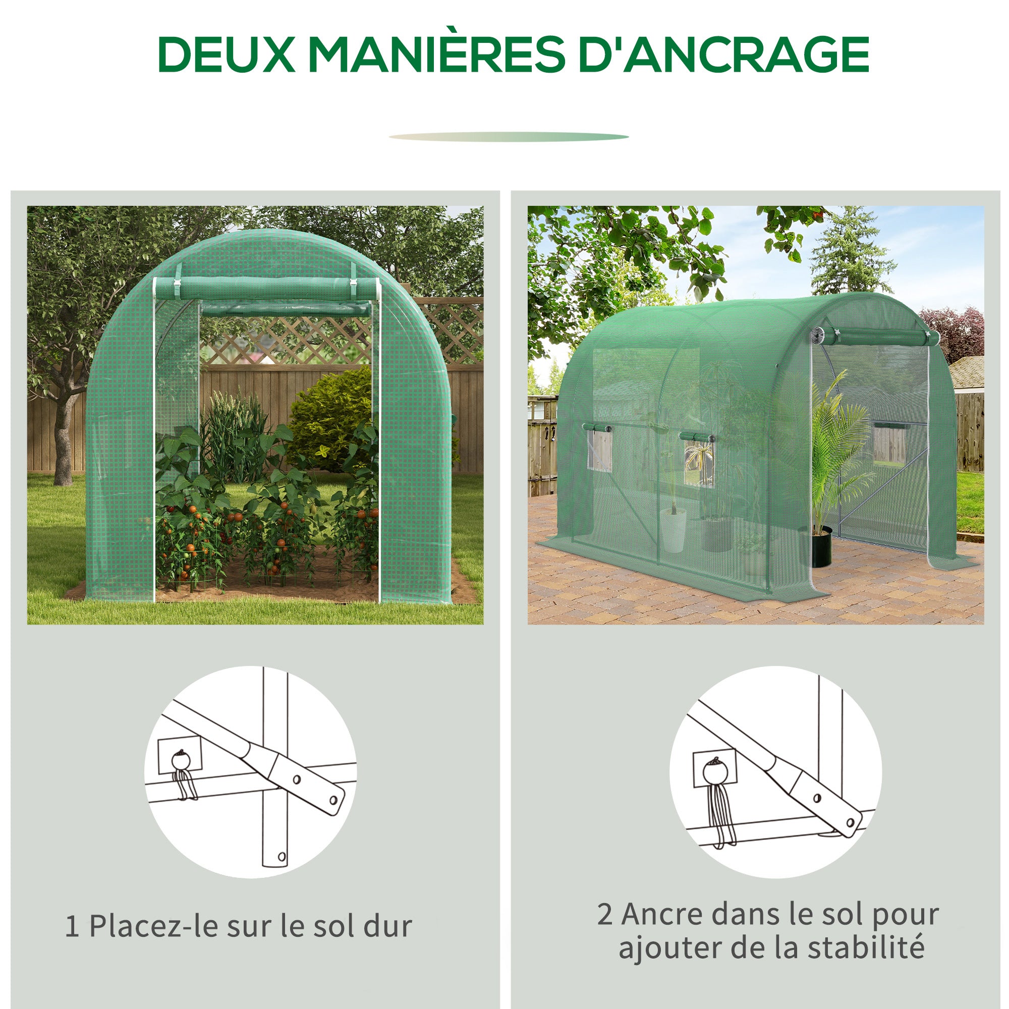 Garden Tunnel Greenhouse Ground Surface 6 m² 3L x 2W x 2.10H m Reinforced Tubular Frame Double Zippered Door 4 Roll-Up Windows Green