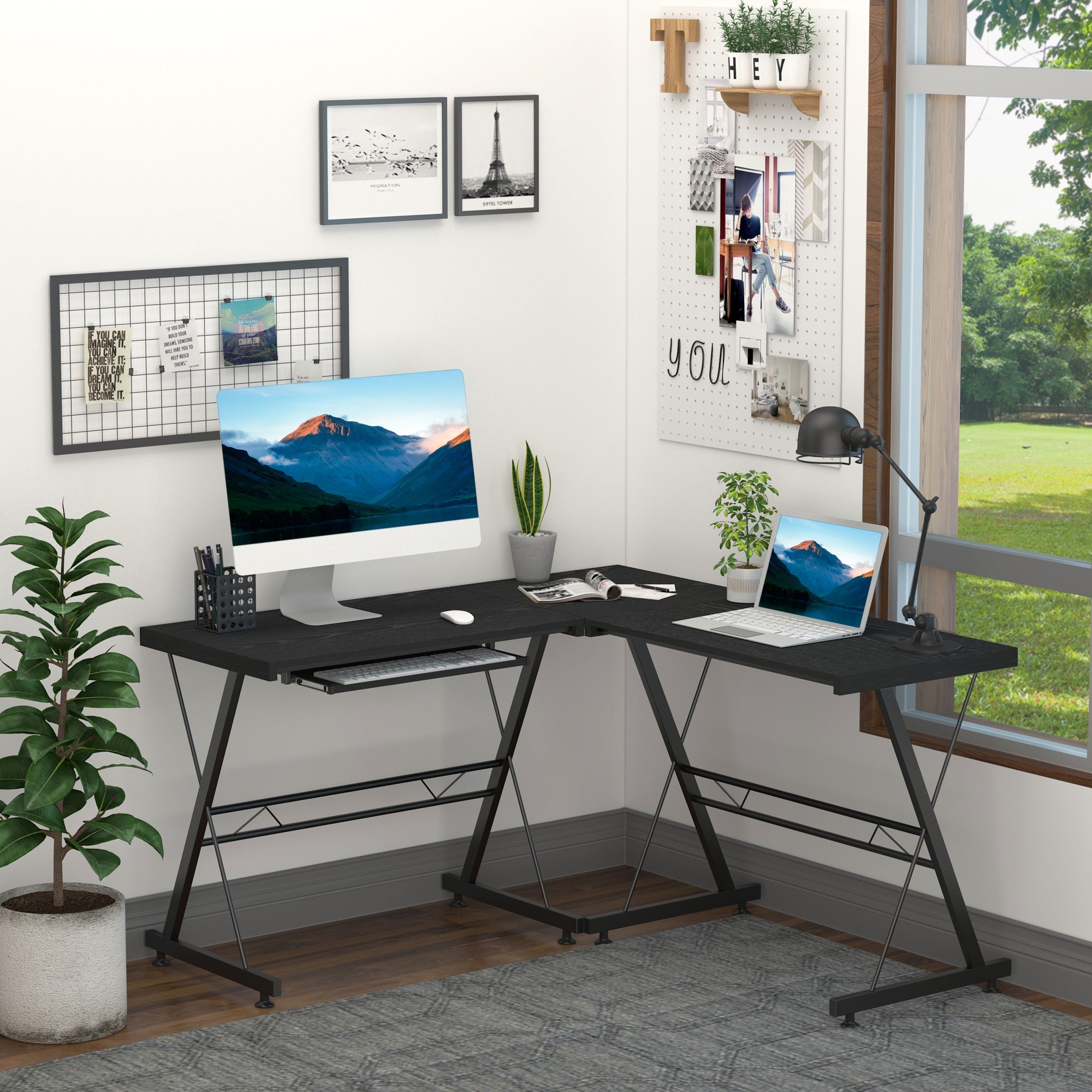 Computer Desk PC Desk for Home Office 2 Types L-Shaped Corner Desk 130x130x73.5 cm Straight Desk Steel Frame