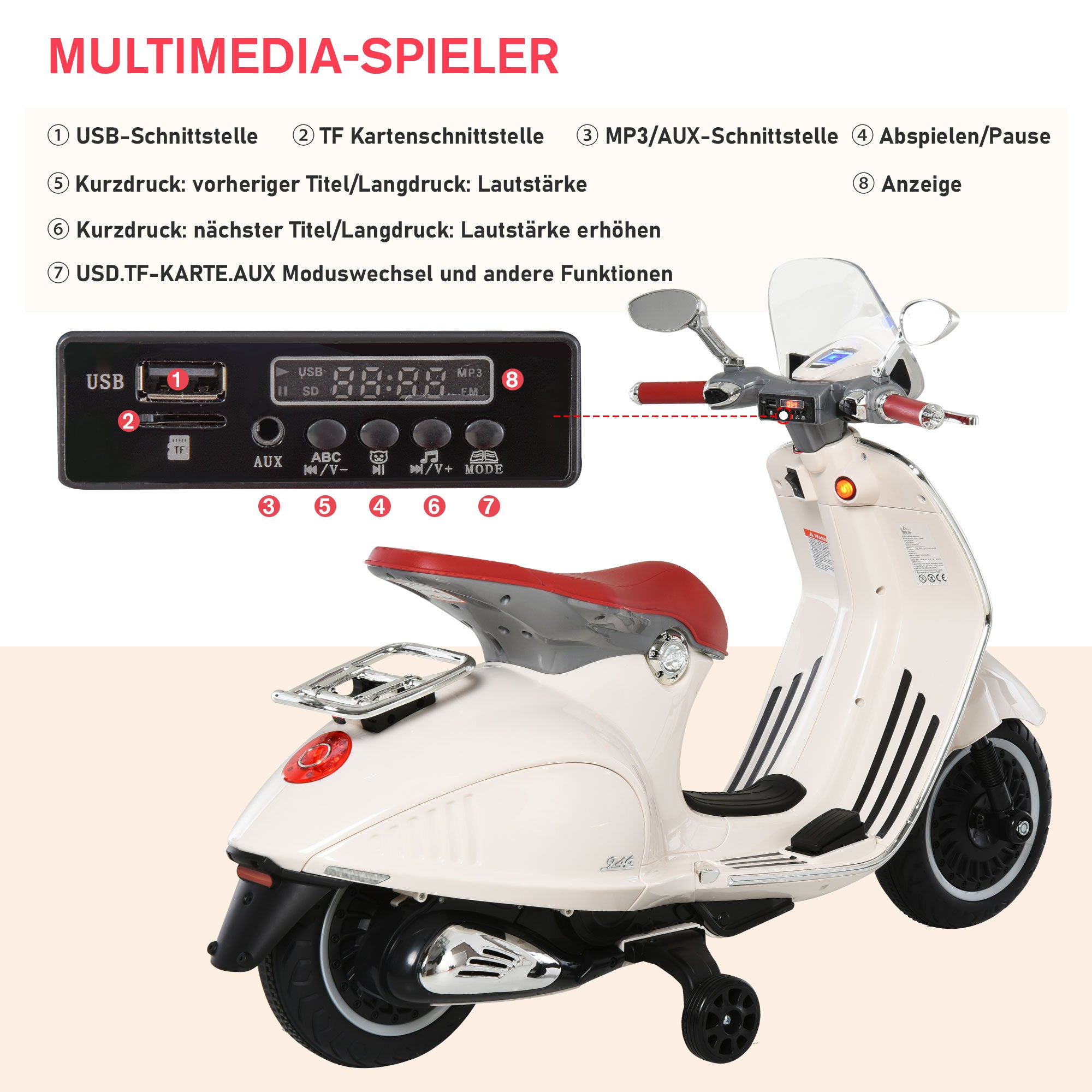 Kids Electric Motorcycle, 6V Children's Motorcycle with Headlight, Music, Forward and Reverse Gear, Training Wheels, 30 kg capacity, Electric Motorcycle for 3-6 Years Kids, White