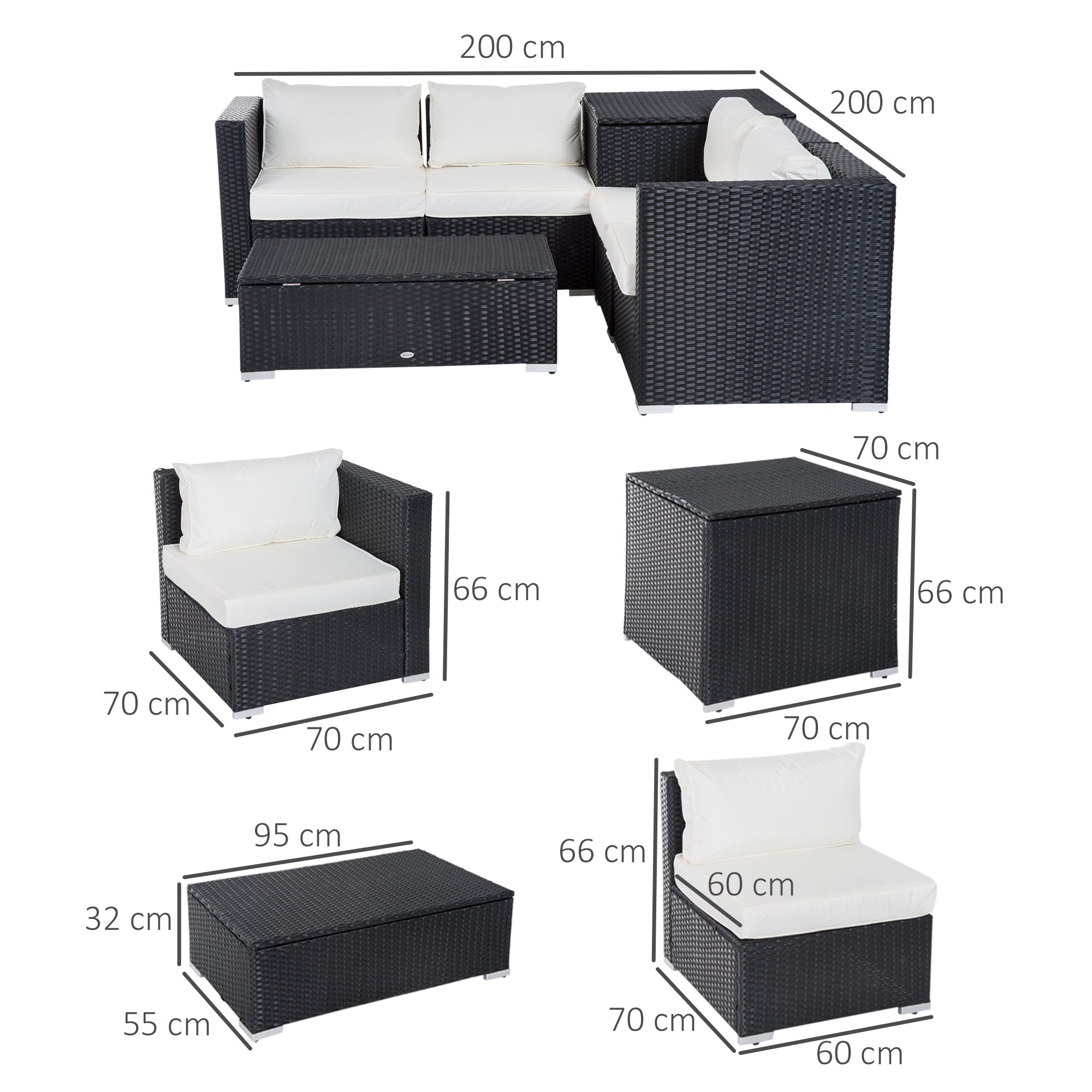 6-Piece Modular Garden Furniture Set in PE Rattan, Outdoor Lounge with 4 Upholstered Chairs and 2 Storage Tables, Black and Cream