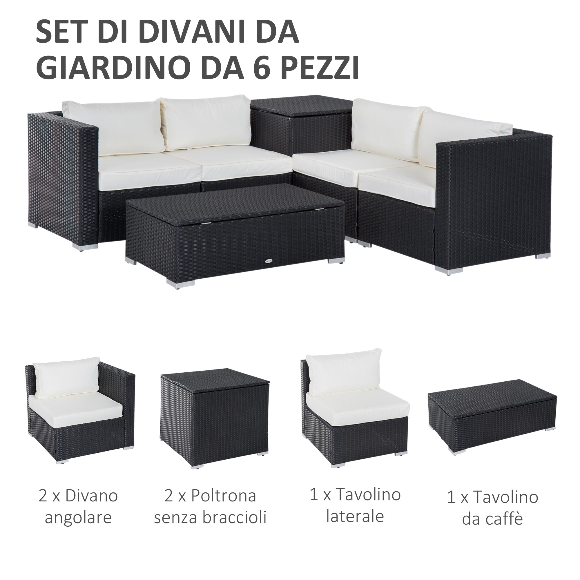 6-Piece Modular Garden Furniture Set in PE Rattan, Outdoor Lounge with 4 Upholstered Chairs and 2 Storage Tables, Black and Cream