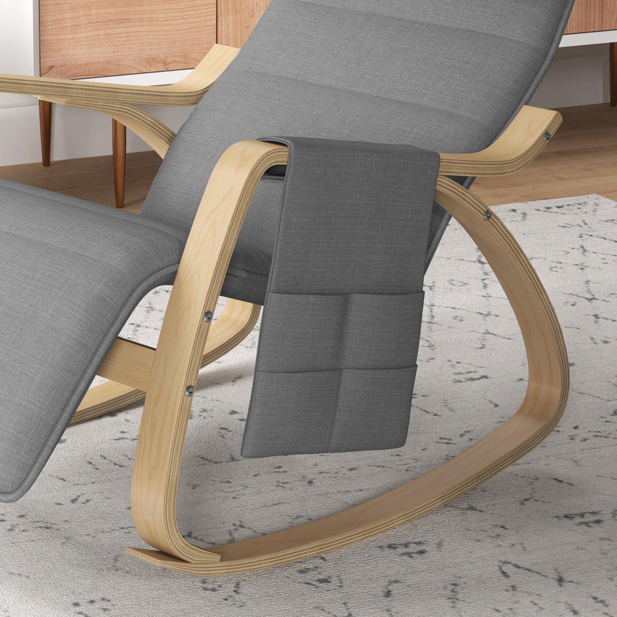 Rocking Chair Nursing Relaxation Lounge Chair with Adjustable Footrest, Side Pocket, and Headrest, Rocking Chair for Bedroom, 67 x 110 x 91 cm Gray