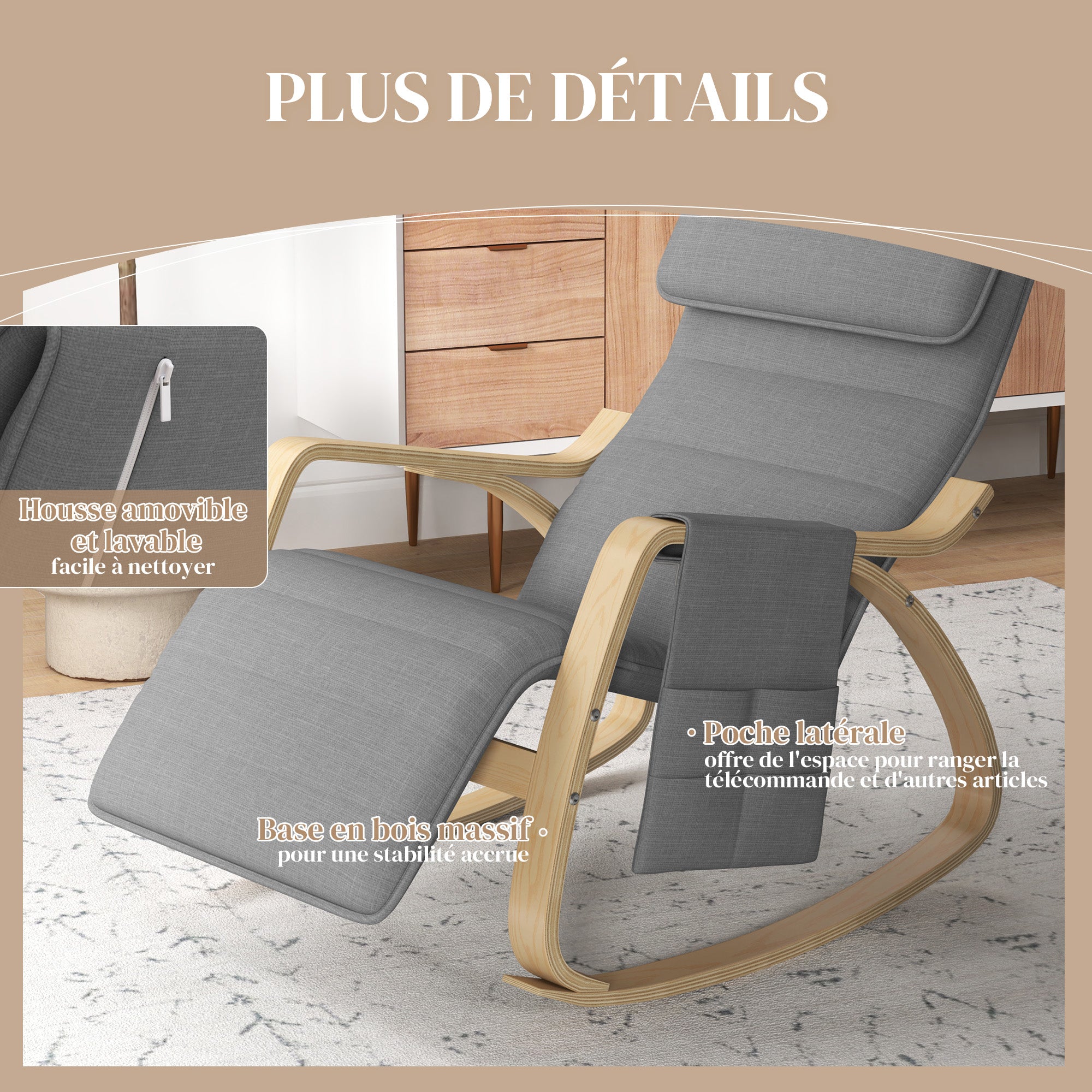 Rocking Chair Nursing Relaxation Lounge Chair with Adjustable Footrest, Side Pocket, and Headrest, Rocking Chair for Bedroom, 67 x 110 x 91 cm Gray
