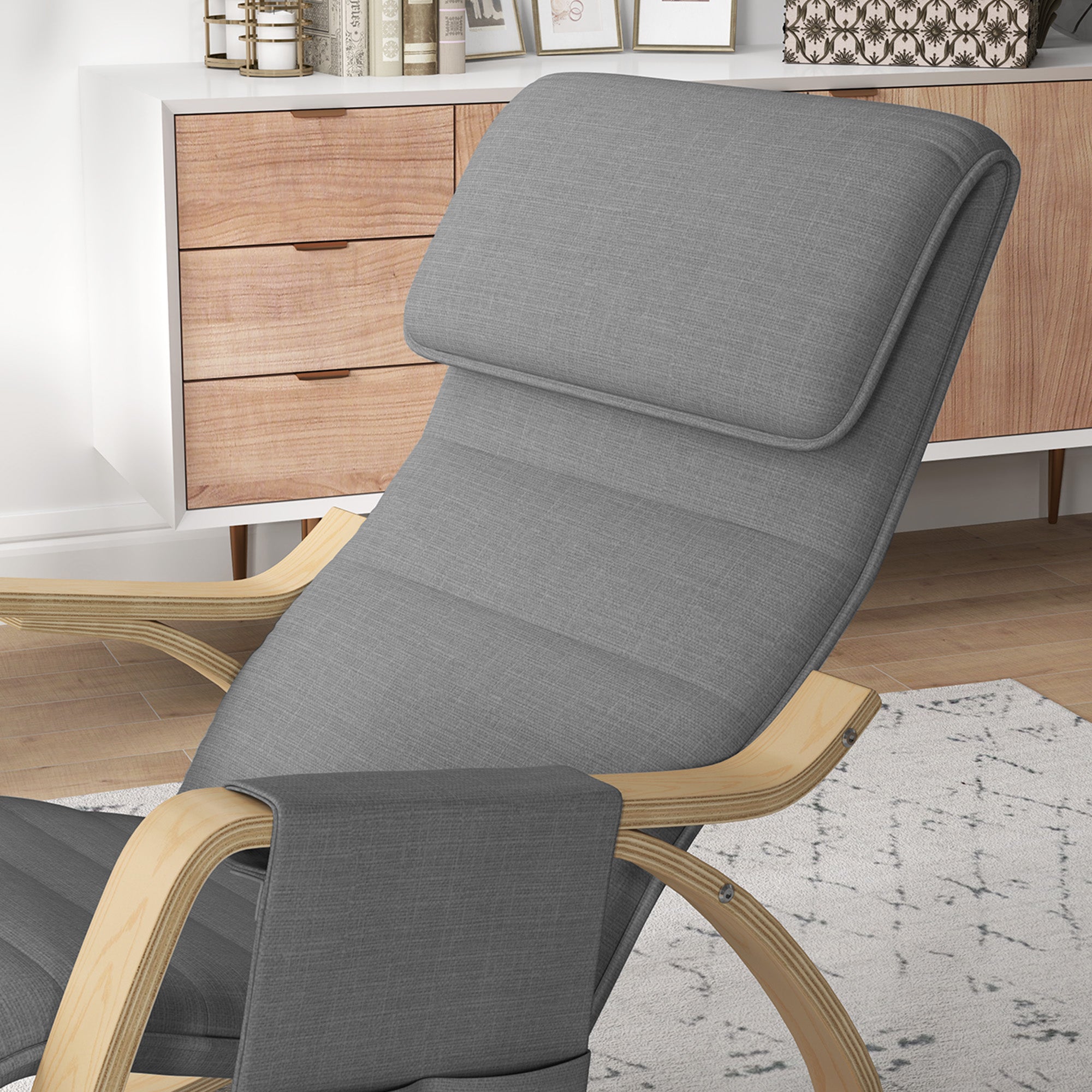Rocking Chair Nursing Relaxation Lounge Chair with Adjustable Footrest, Side Pocket, and Headrest, Rocking Chair for Bedroom, 67 x 110 x 91 cm Gray