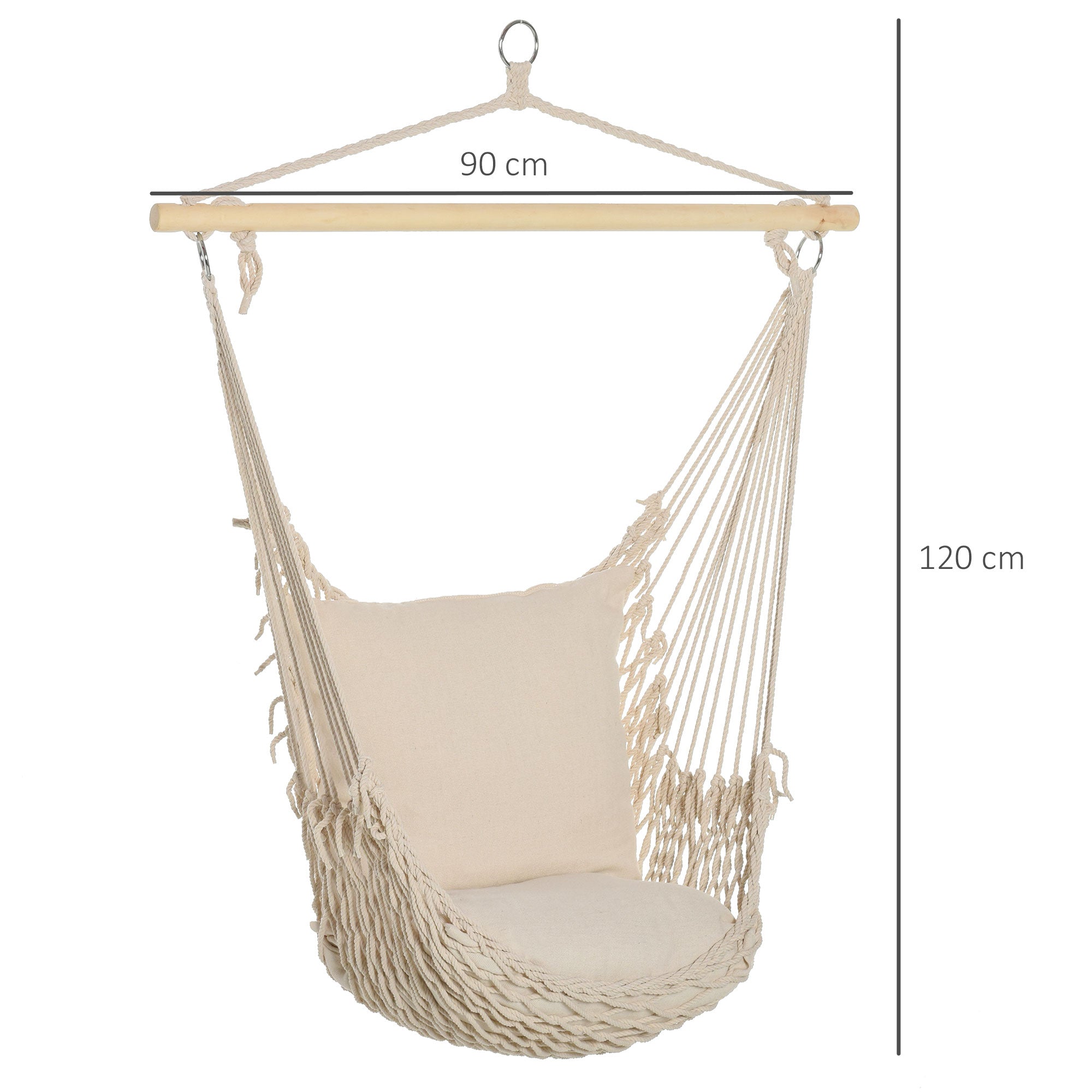 Hanging Swing Hammock Chair with 2 Cotton Pillows Wood Bar 120 kg Load Swing Chair for Indoor and Outdoor Cream