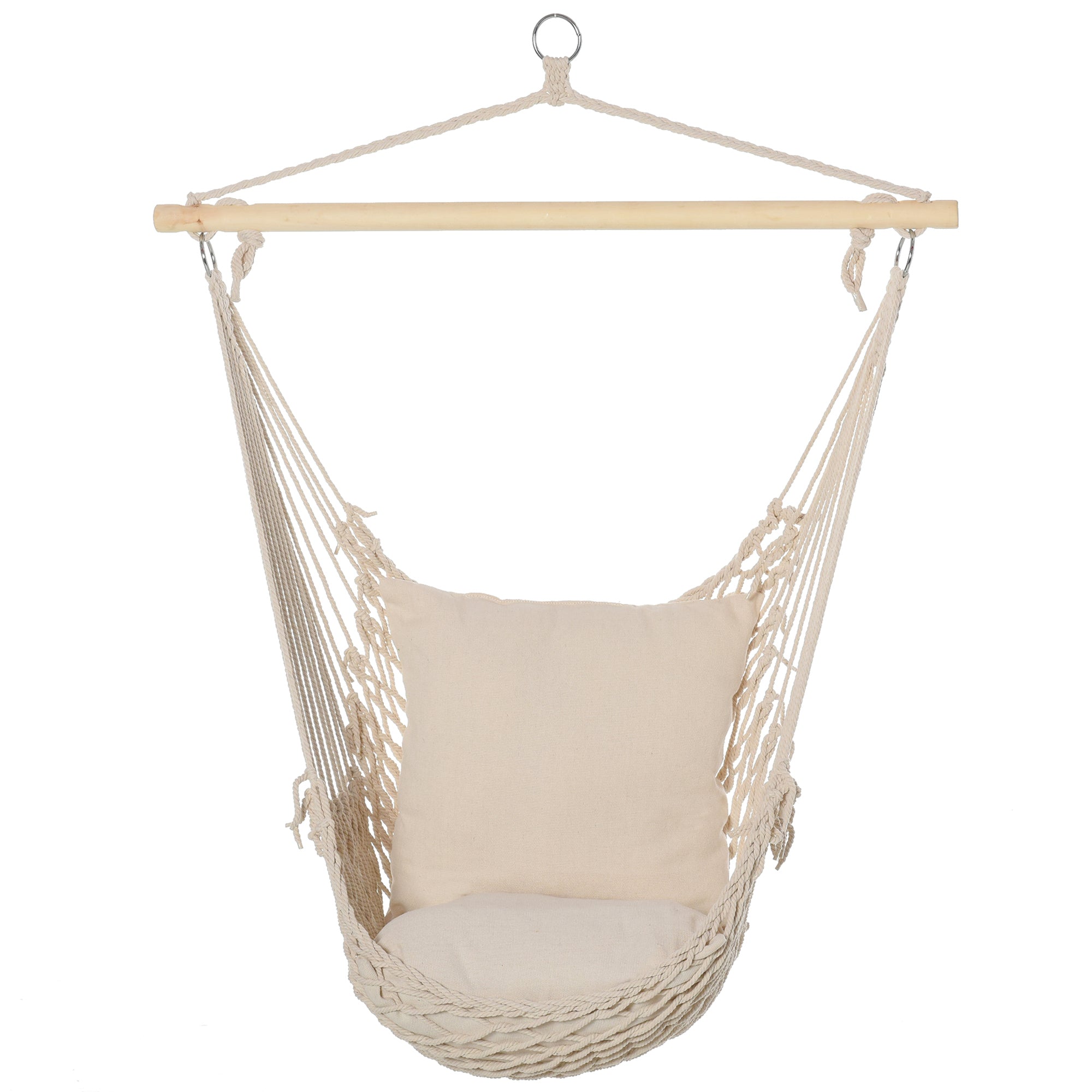 Hanging Swing Hammock Chair with 2 Cotton Pillows Wood Bar 120 kg Load Swing Chair for Indoor and Outdoor Cream