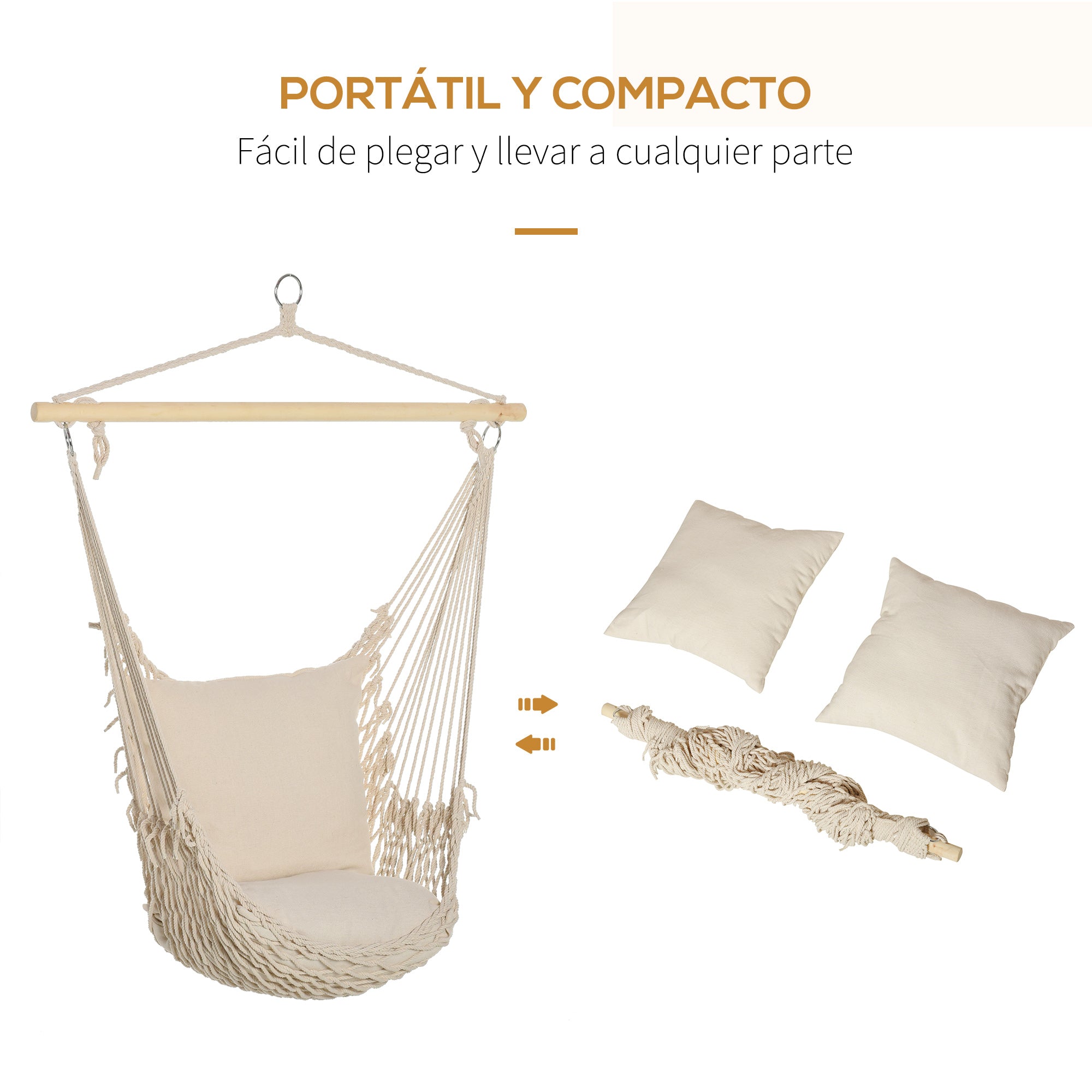 Hanging Swing Hammock Chair with 2 Cotton Pillows Wood Bar 120 kg Load Swing Chair for Indoor and Outdoor Cream