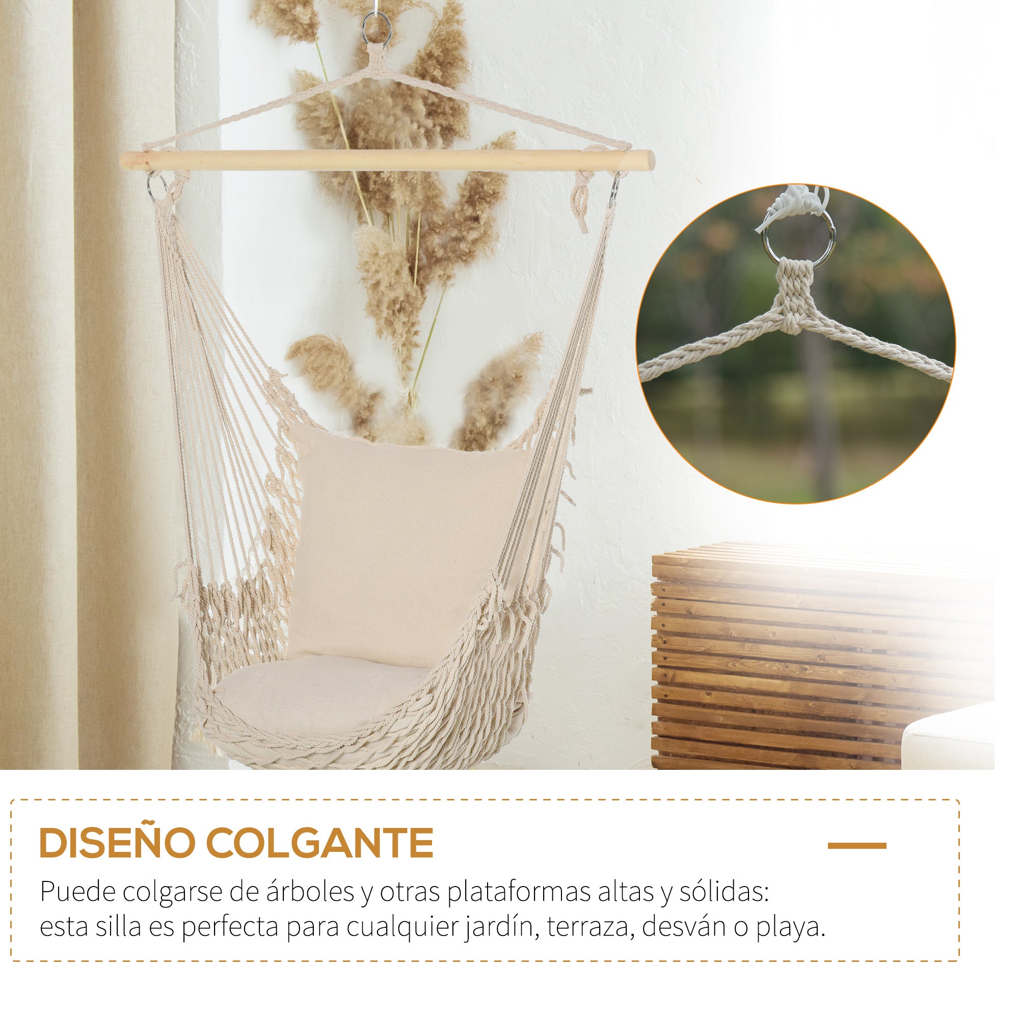 Hanging Swing Hammock Chair with 2 Cotton Pillows Wood Bar 120 kg Load Swing Chair for Indoor and Outdoor Cream