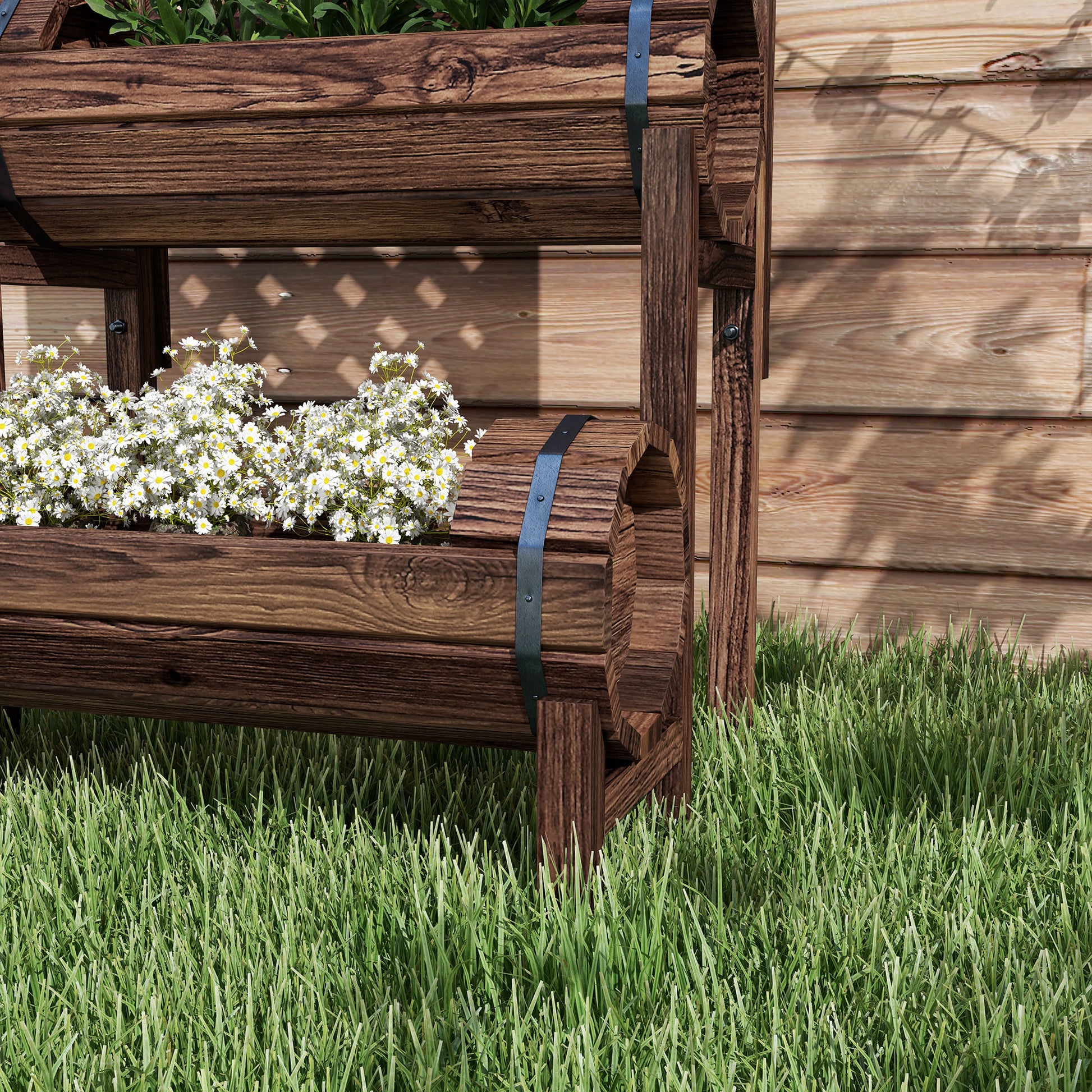 Raised Planter with Trellis Square Garden Bed 2 Tiers Raised Garden Bed for Terrace, Balcony, Garden, 42 x 49 x 80 cm, Brown