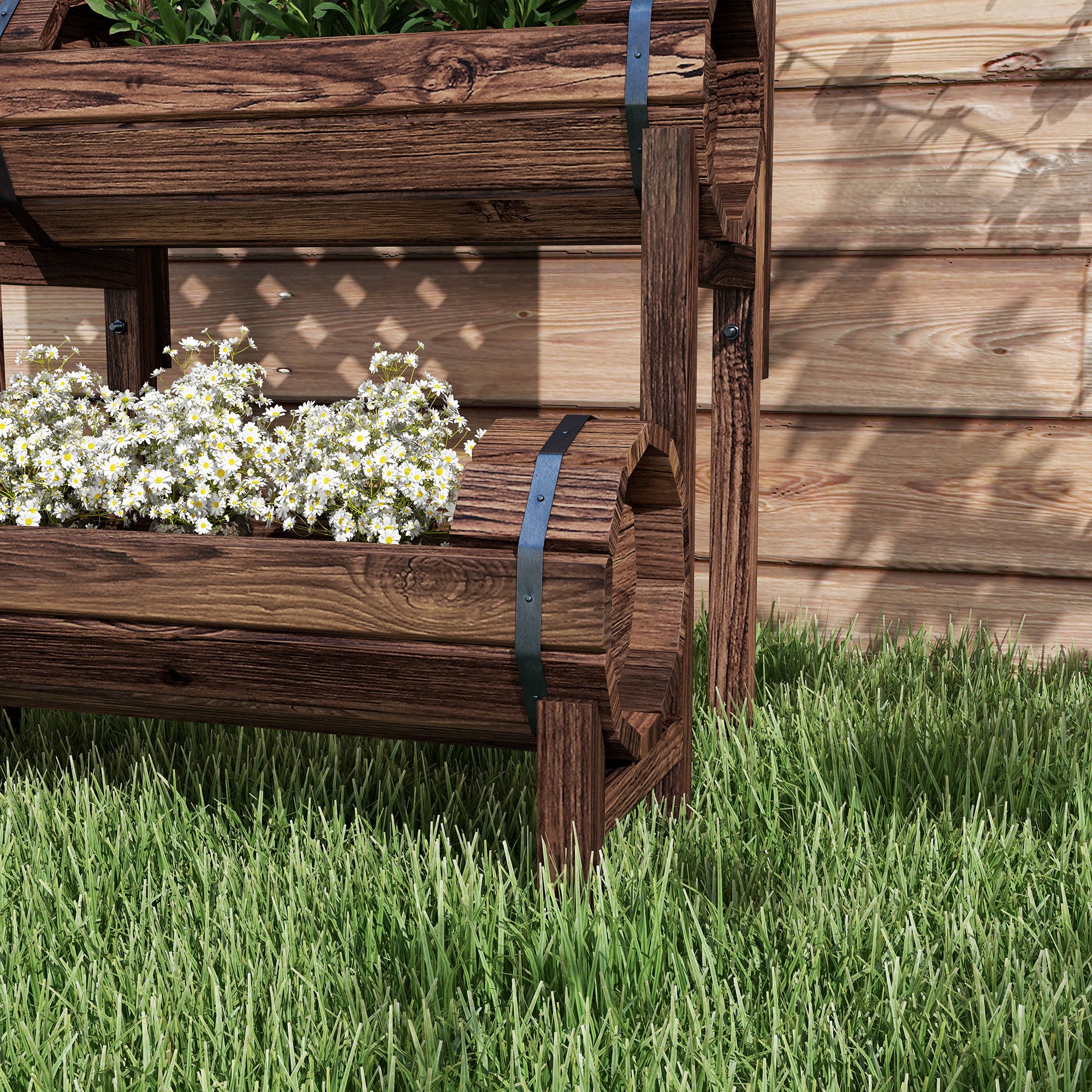 Raised Planter with Trellis Square Garden Bed 2 Tiers Raised Garden Bed for Terrace, Balcony, Garden, 42 x 49 x 80 cm, Brown