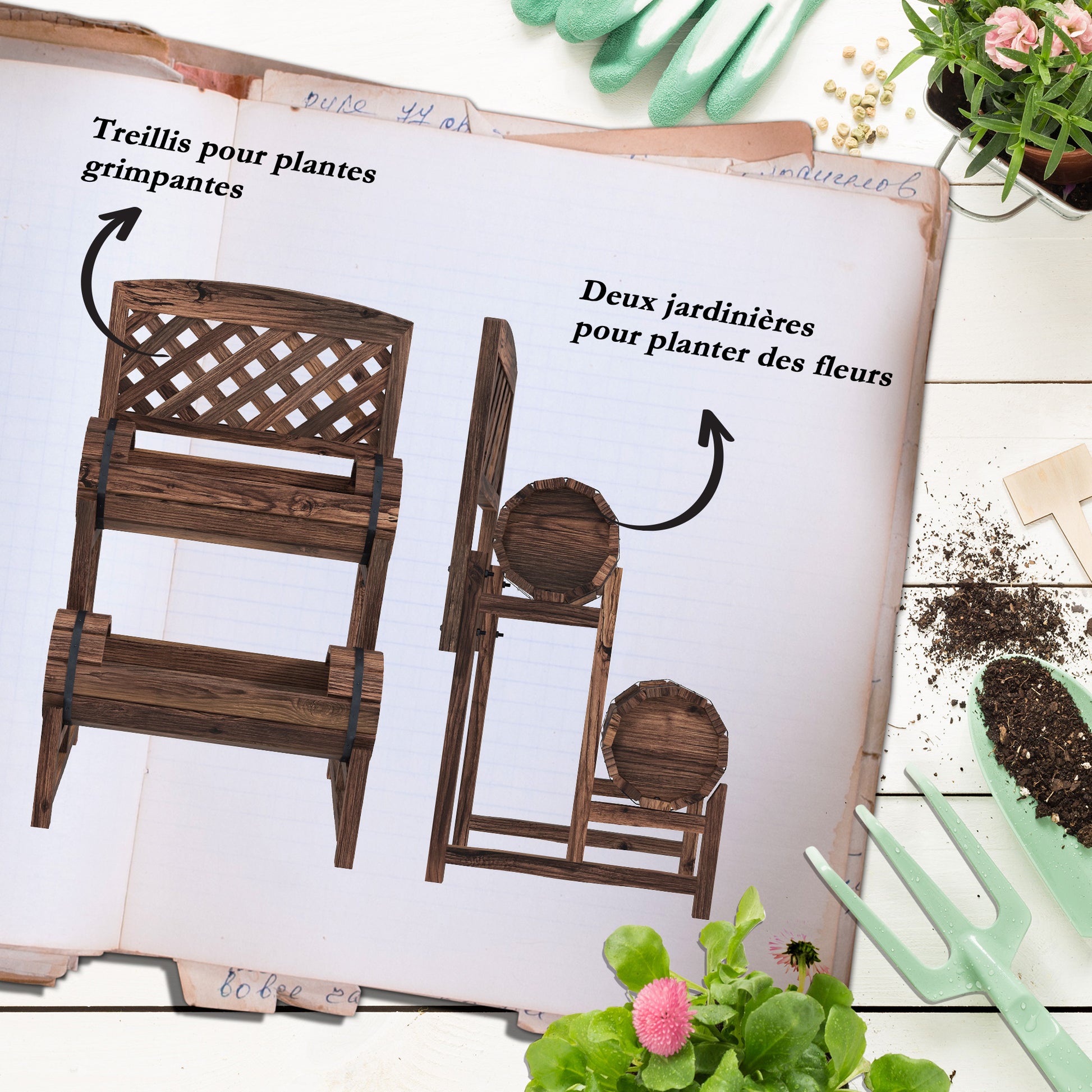 Raised Planter with Trellis Square Garden Bed 2 Tiers Raised Garden Bed for Terrace, Balcony, Garden, 42 x 49 x 80 cm, Brown