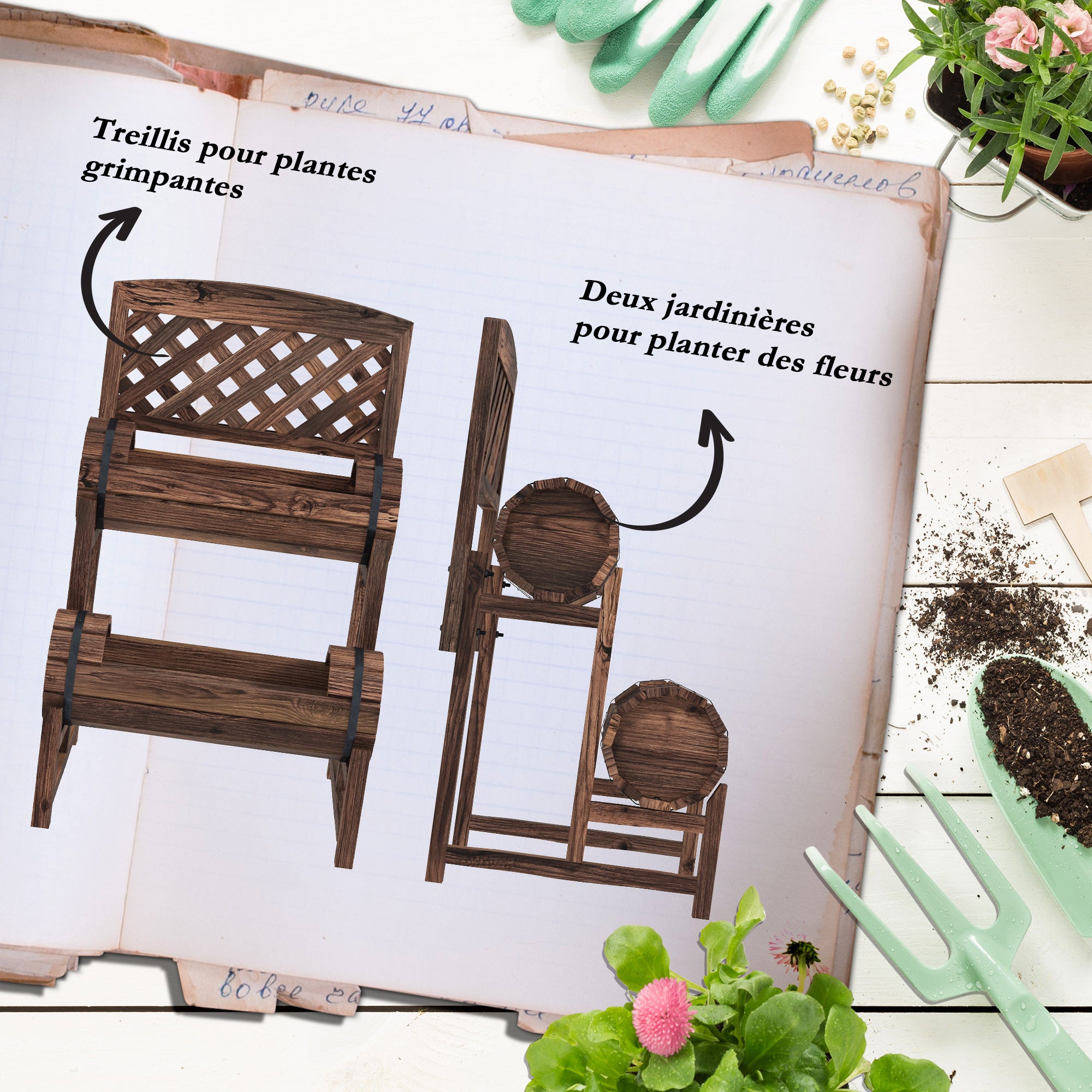 Raised Planter with Trellis Square Garden Bed 2 Tiers Raised Garden Bed for Terrace, Balcony, Garden, 42 x 49 x 80 cm, Brown