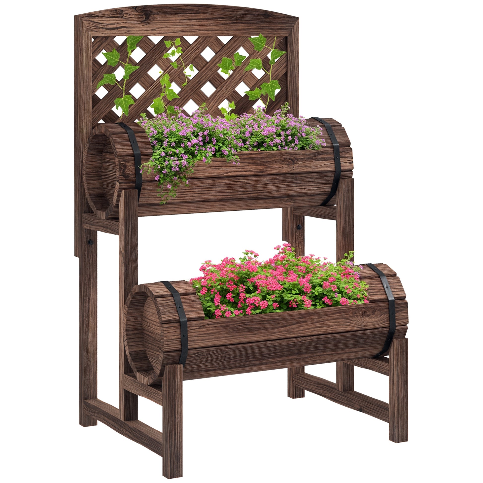 Raised Planter with Trellis Square Garden Bed 2 Tiers Raised Garden Bed for Terrace, Balcony, Garden, 42 x 49 x 80 cm, Brown