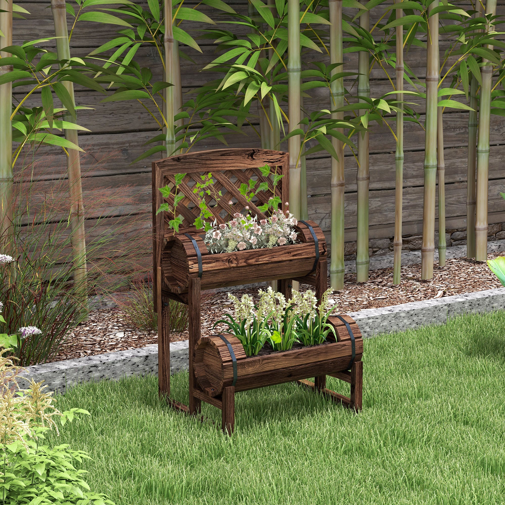 Raised Planter with Trellis Square Garden Bed 2 Tiers Raised Garden Bed for Terrace, Balcony, Garden, 42 x 49 x 80 cm, Brown