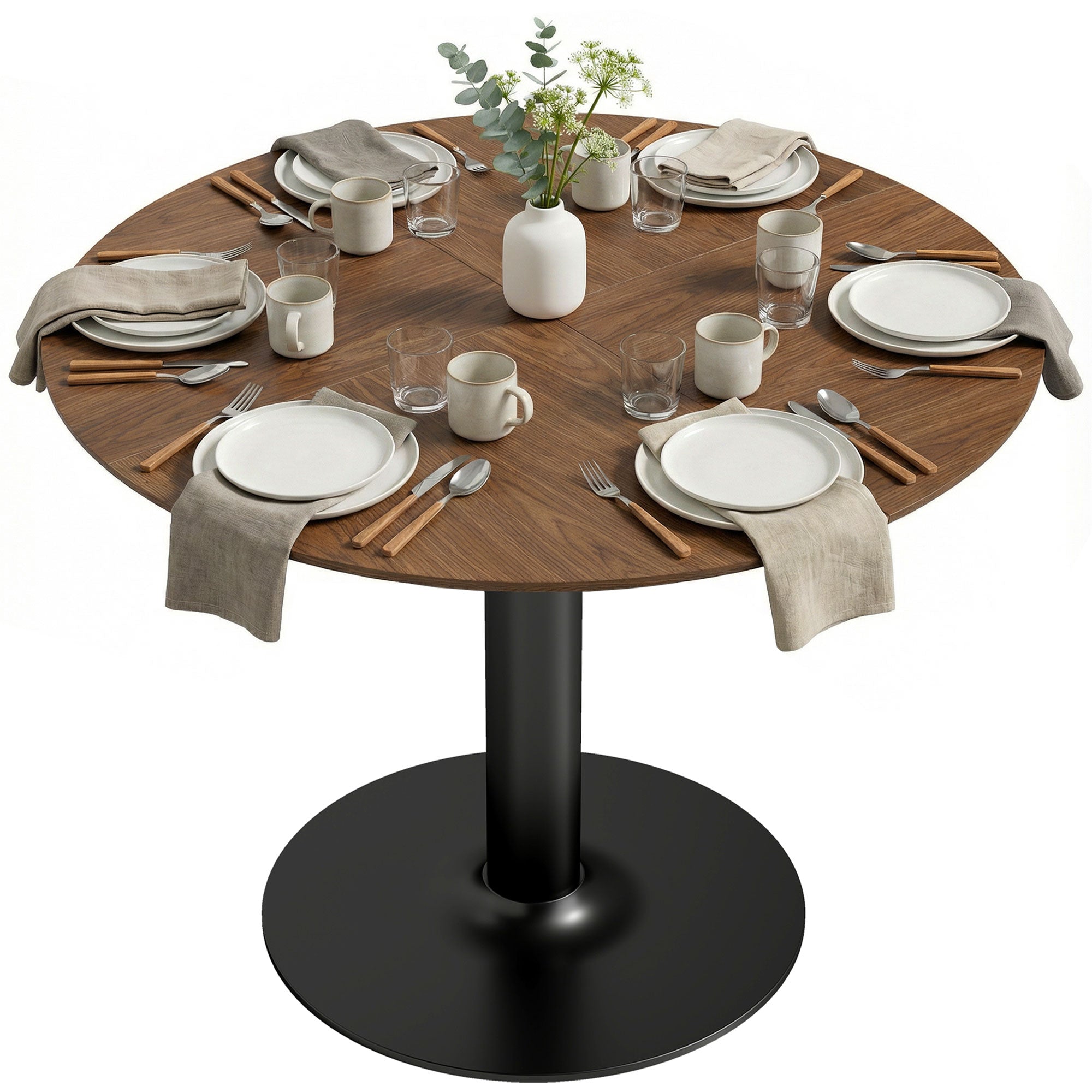 Round Dining Table for 6 — Ø 110 x 78 cm (43.3" Ø x 30.7" H), Large Top with Steel Base, Modern, Brown