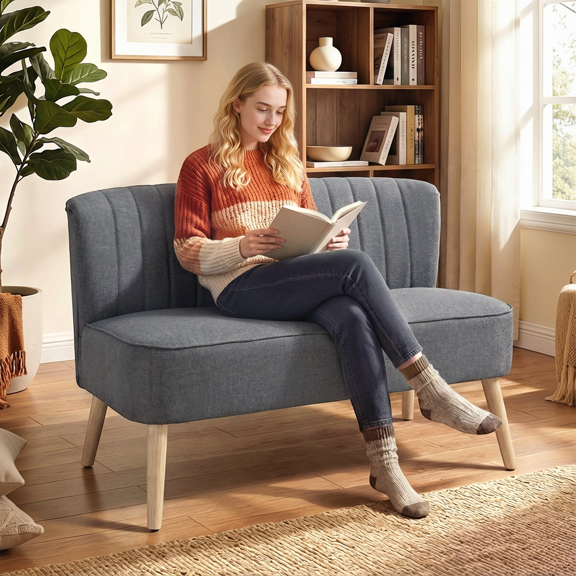 2-Seater Loveseat — Small Linen-Look Upholstered Sofa for Living Room, Bedroom, Small Spaces, Gray (46.1" x 22.2" x 30.3")