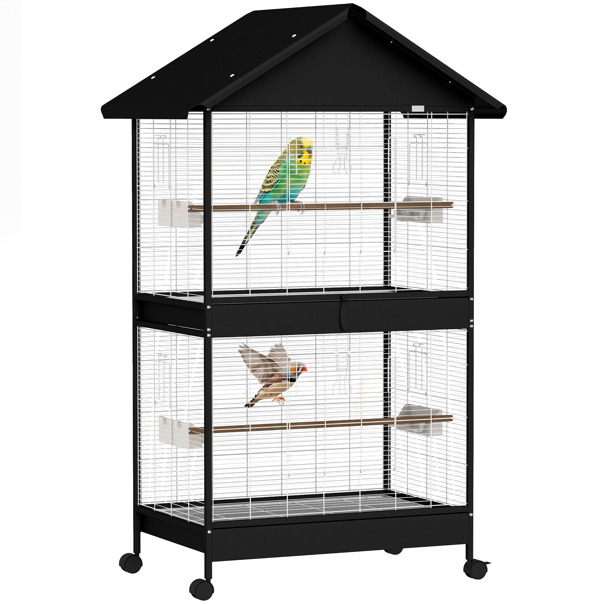 Large Bird Aviary with Removable Divider, 2 Doors, 4 Wooden Perches, Wheels, 2 Trays & 6 Feeders – XXL Cage for Budgies, Cockatiels, Canaries (94 x 70 x 158 cm / 37 x 27.6 x 62.2 in)