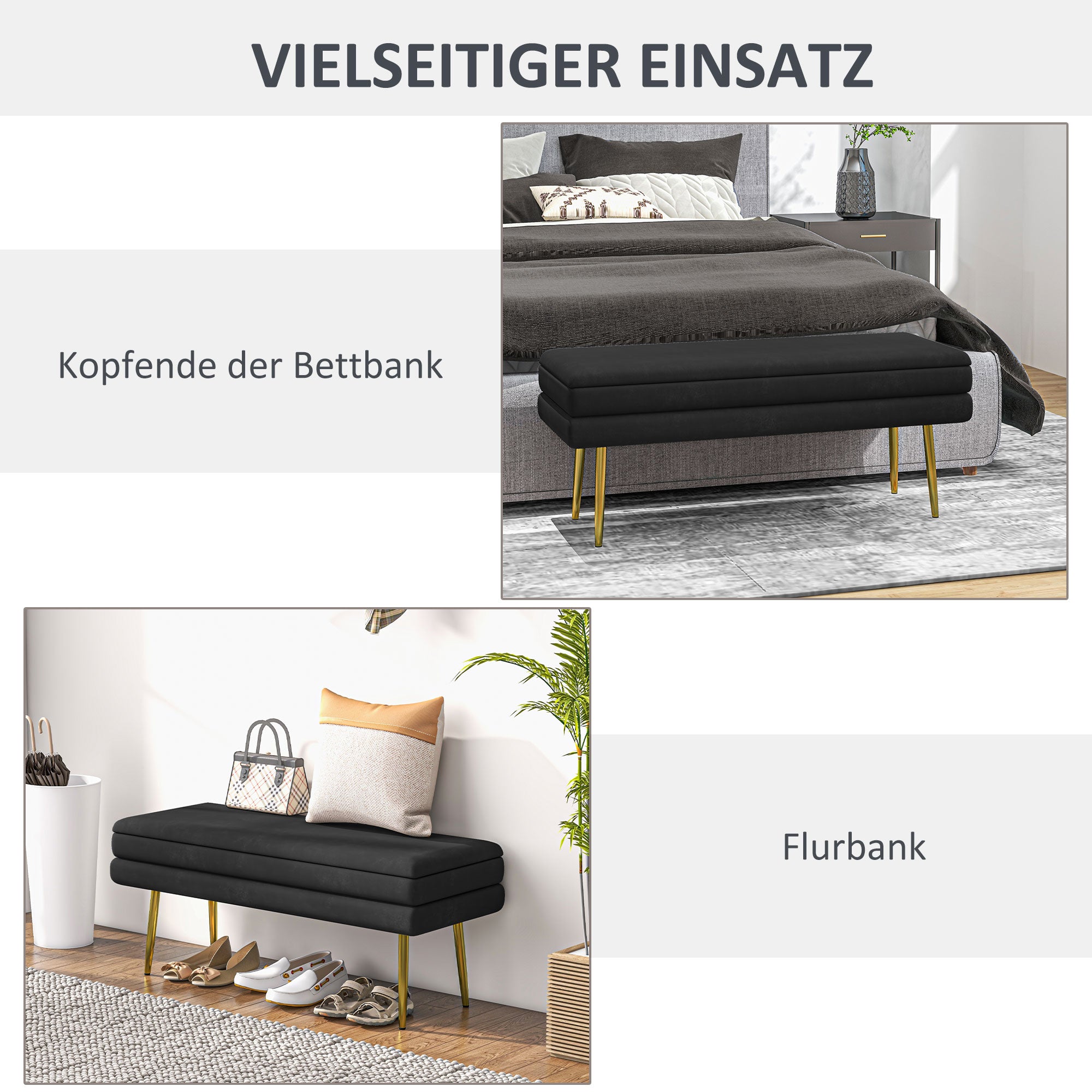 Storage Bench, Cushioned Bench with Storage, Velvet Look, Bed Bench with Steel Legs, Shoe Bench, Storage Bench for Living Room, Bedroom, Black, 100 x 37.5 x 42 cm
